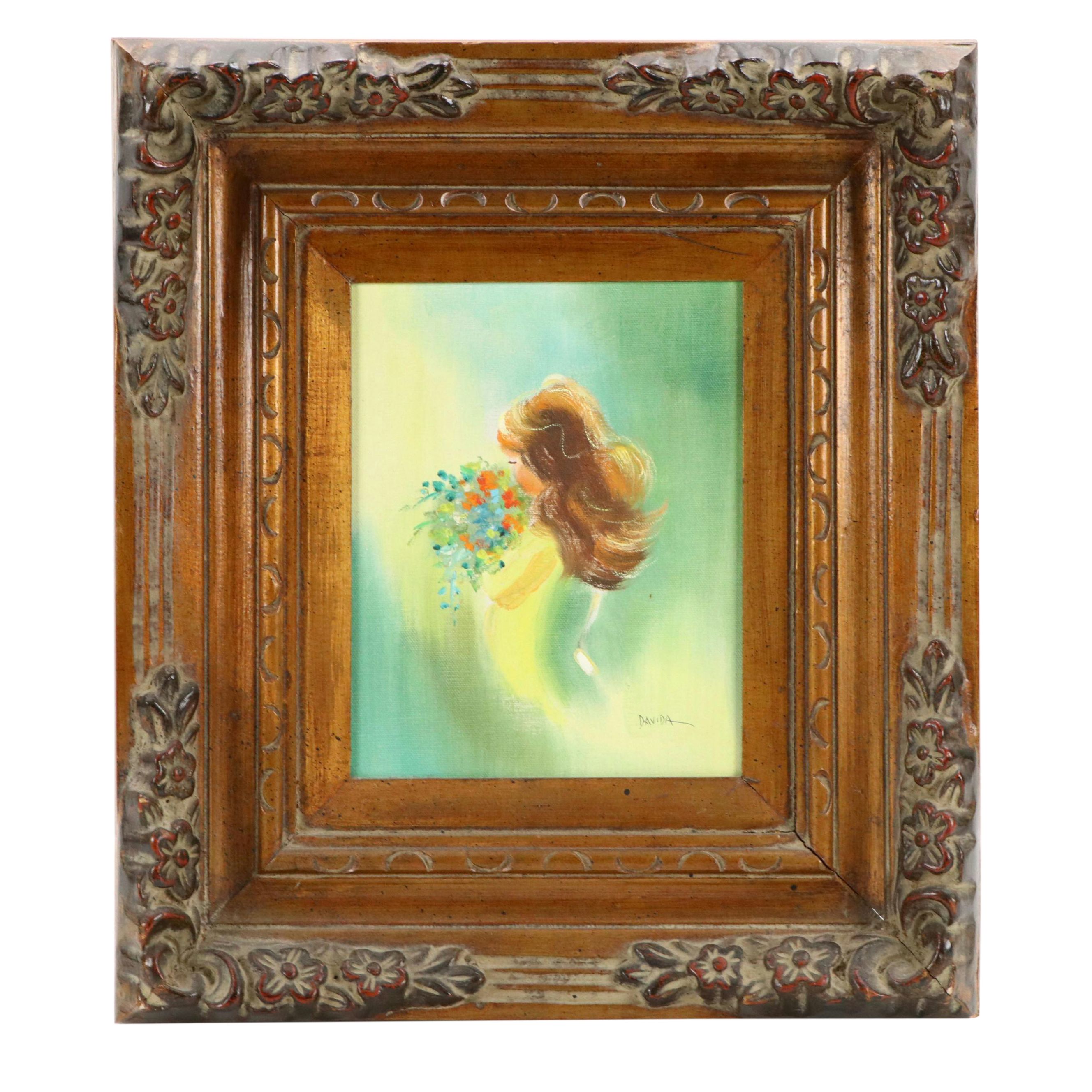 Davida Oil Painting of Figure With Flower Bouquet
