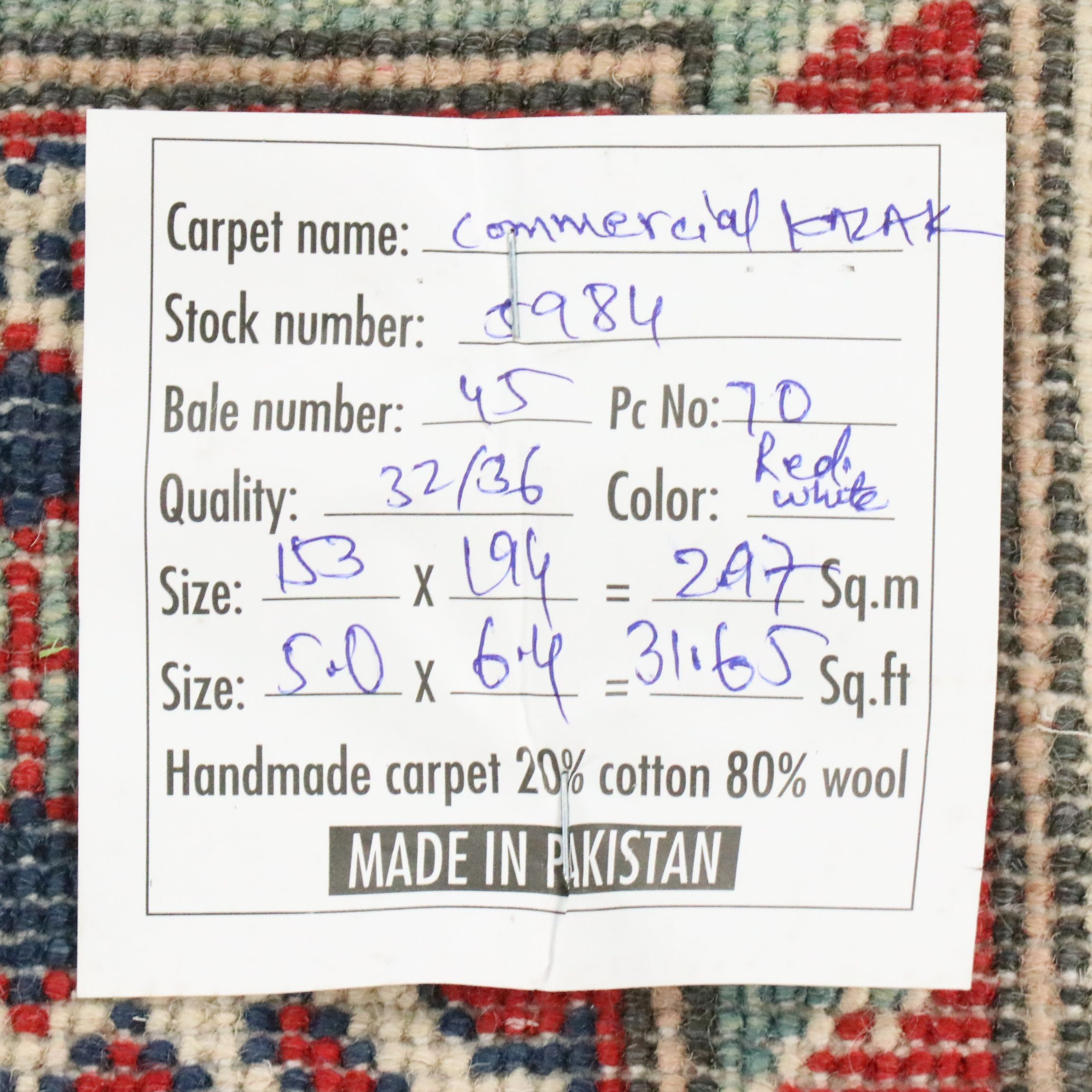 5' x 6'5 Hand-Knotted Pakistani Kazak Area Rug