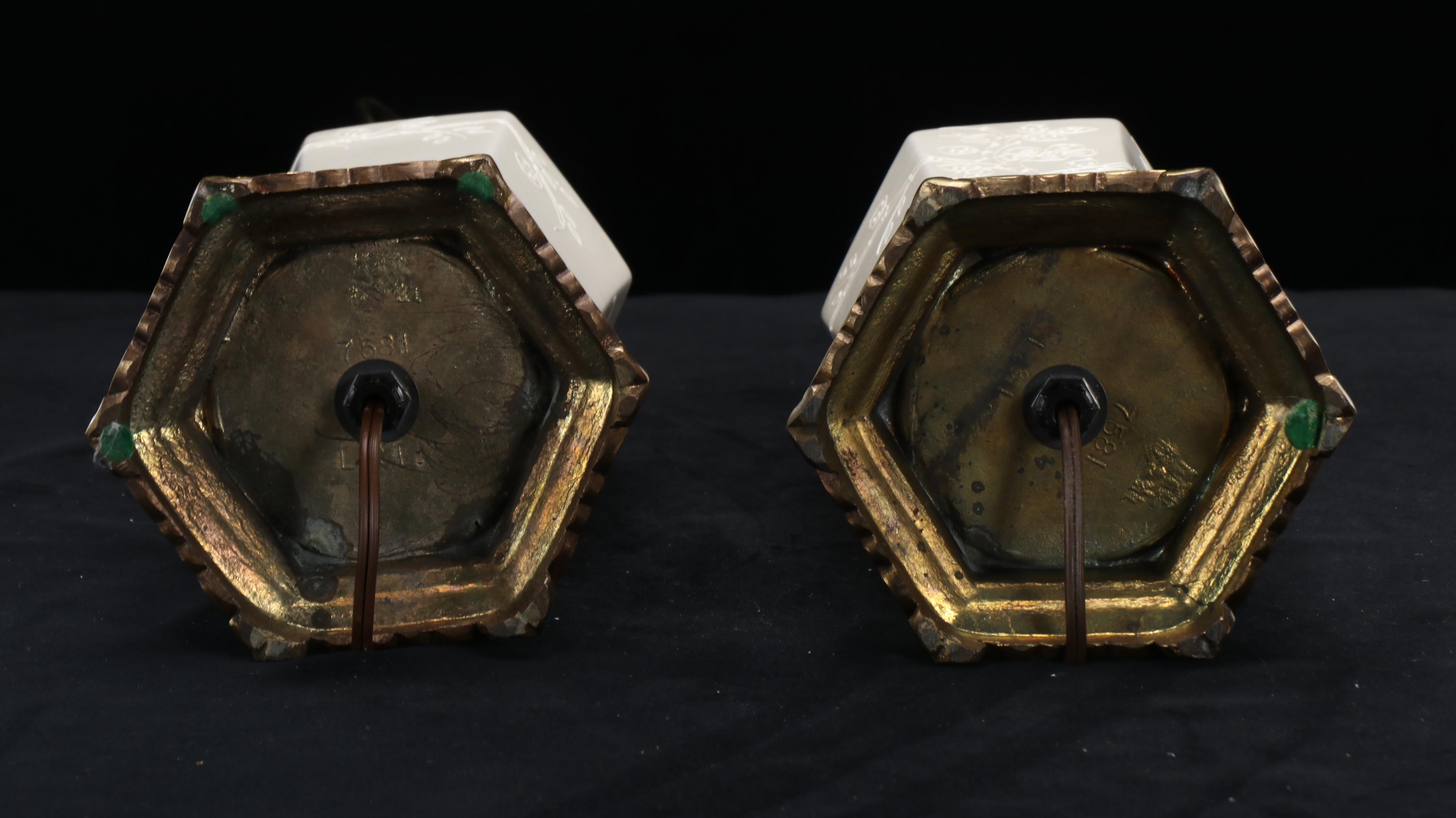 Tyndale Moriage Decorated Porcelain Vase Table Lamps with Silk Bell Shades