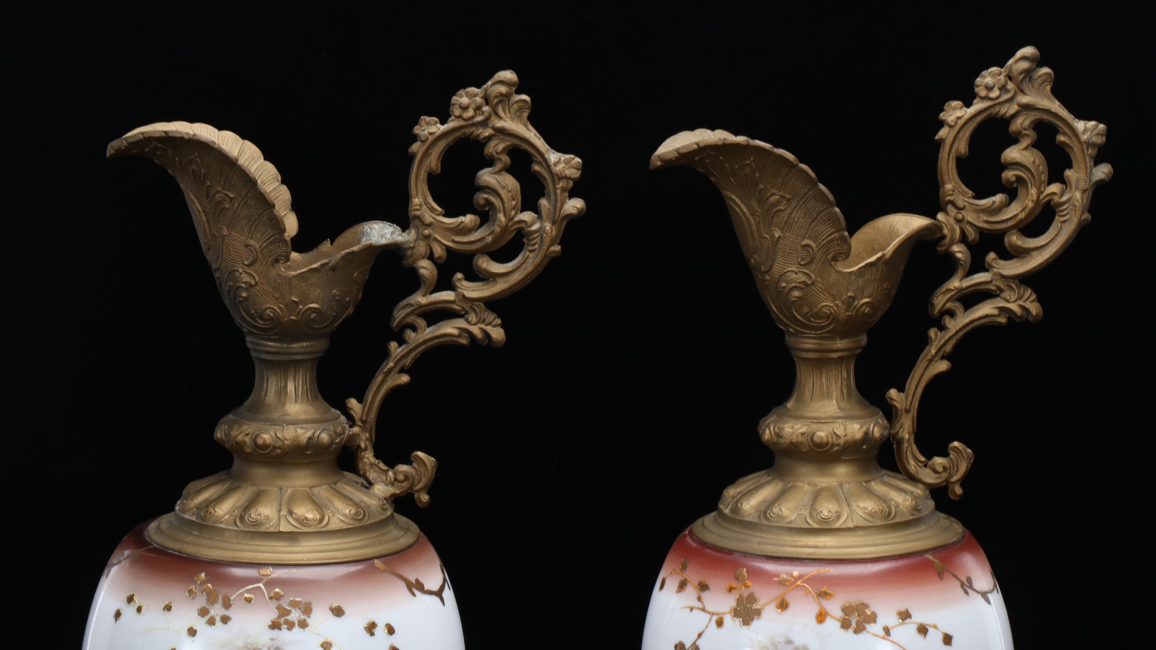 Victorian Wavecrest Painted Milk Glass and Spelter Ewer Accent Lamps