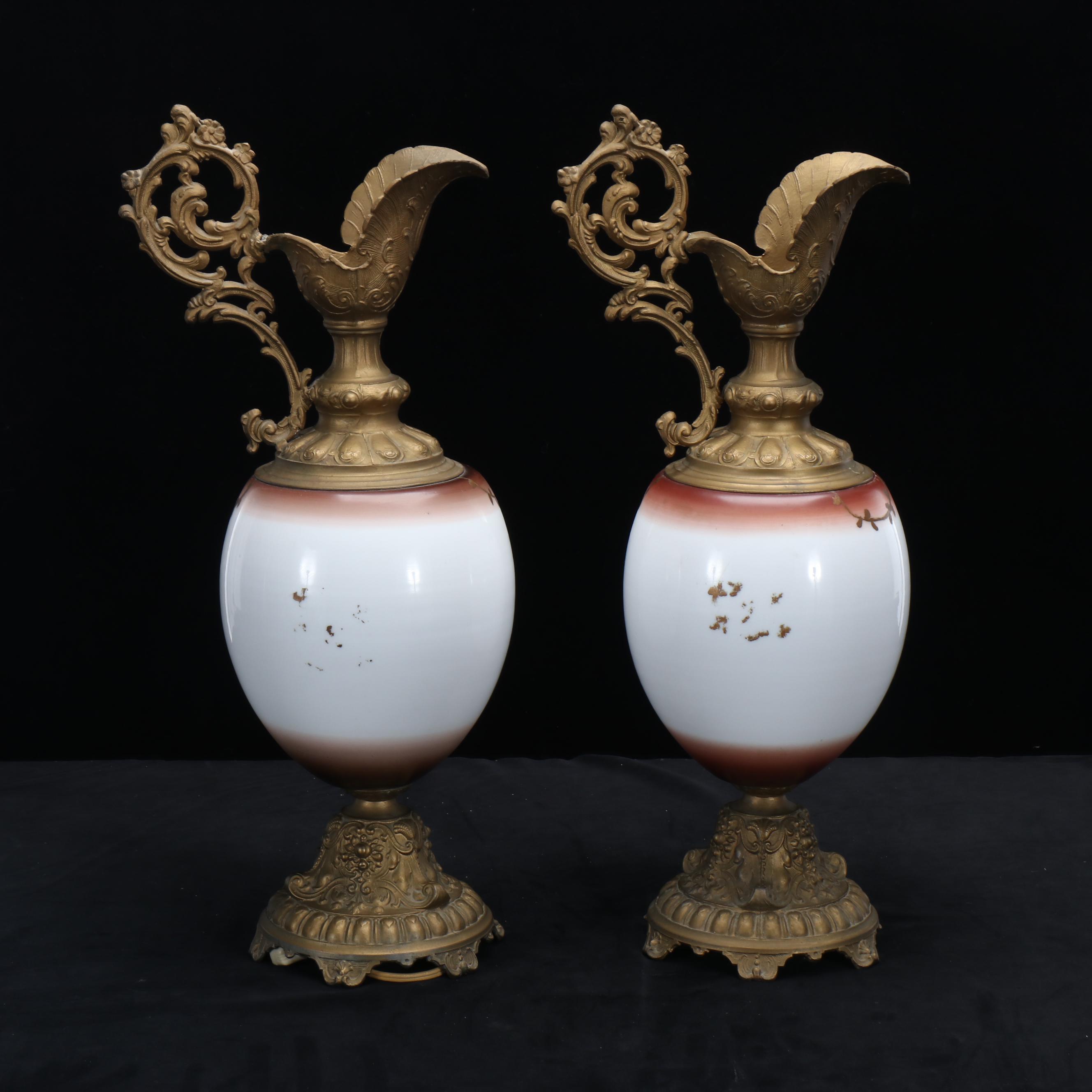 Victorian Wavecrest Painted Milk Glass and Spelter Ewer Accent Lamps