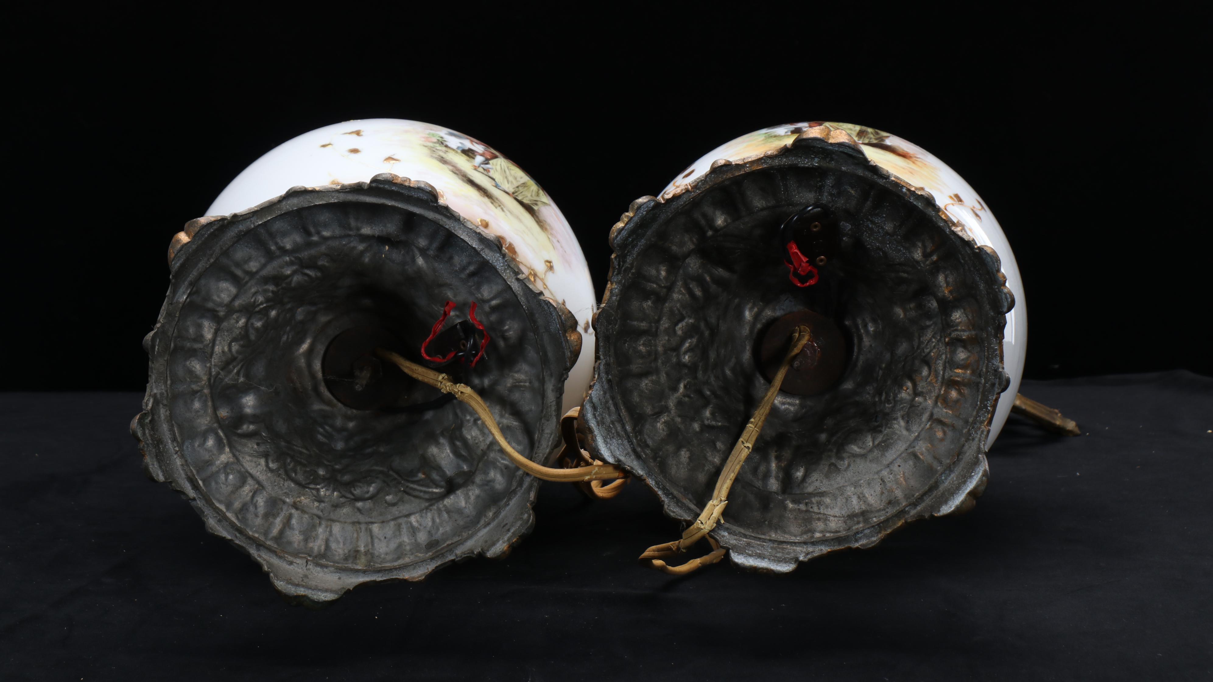 Victorian Wavecrest Painted Milk Glass and Spelter Ewer Accent Lamps