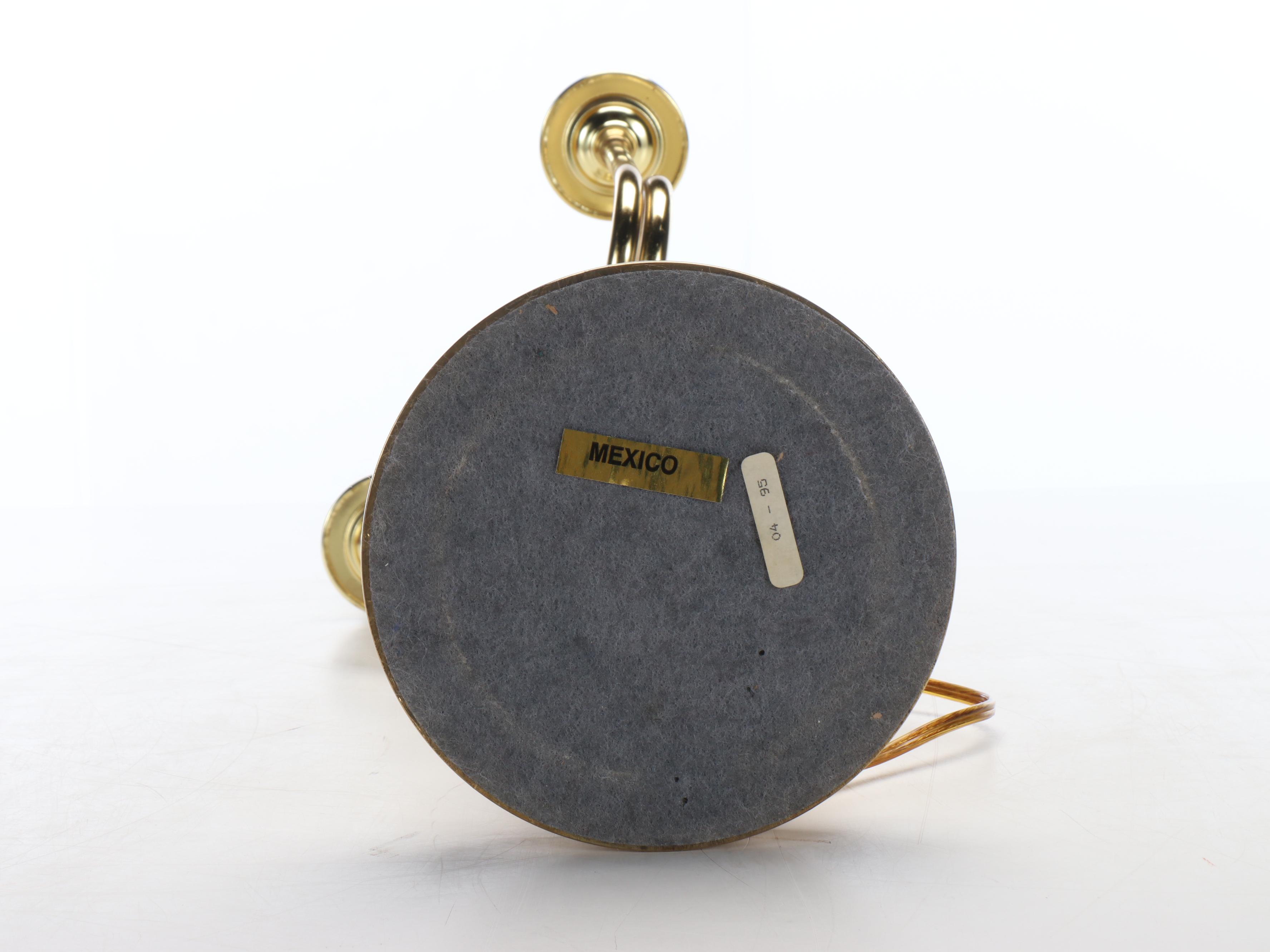 Mexican Brass Neoclassical French Horn Style Table Lamp & Burgundy Pleat Shade