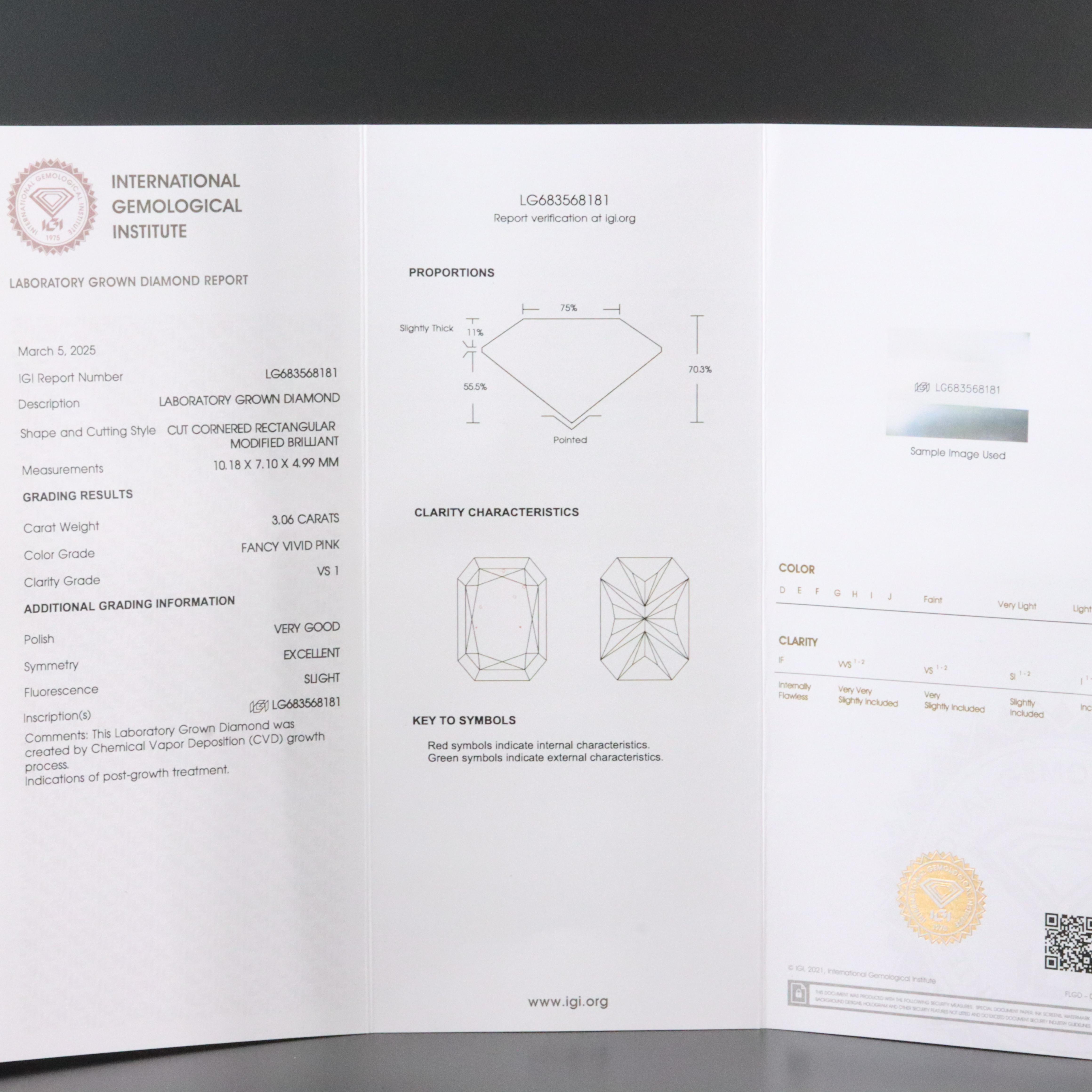 Platinum 3.36 CTW Lab Grown Diamond Ring with Fancy Pink Center and IGI Report