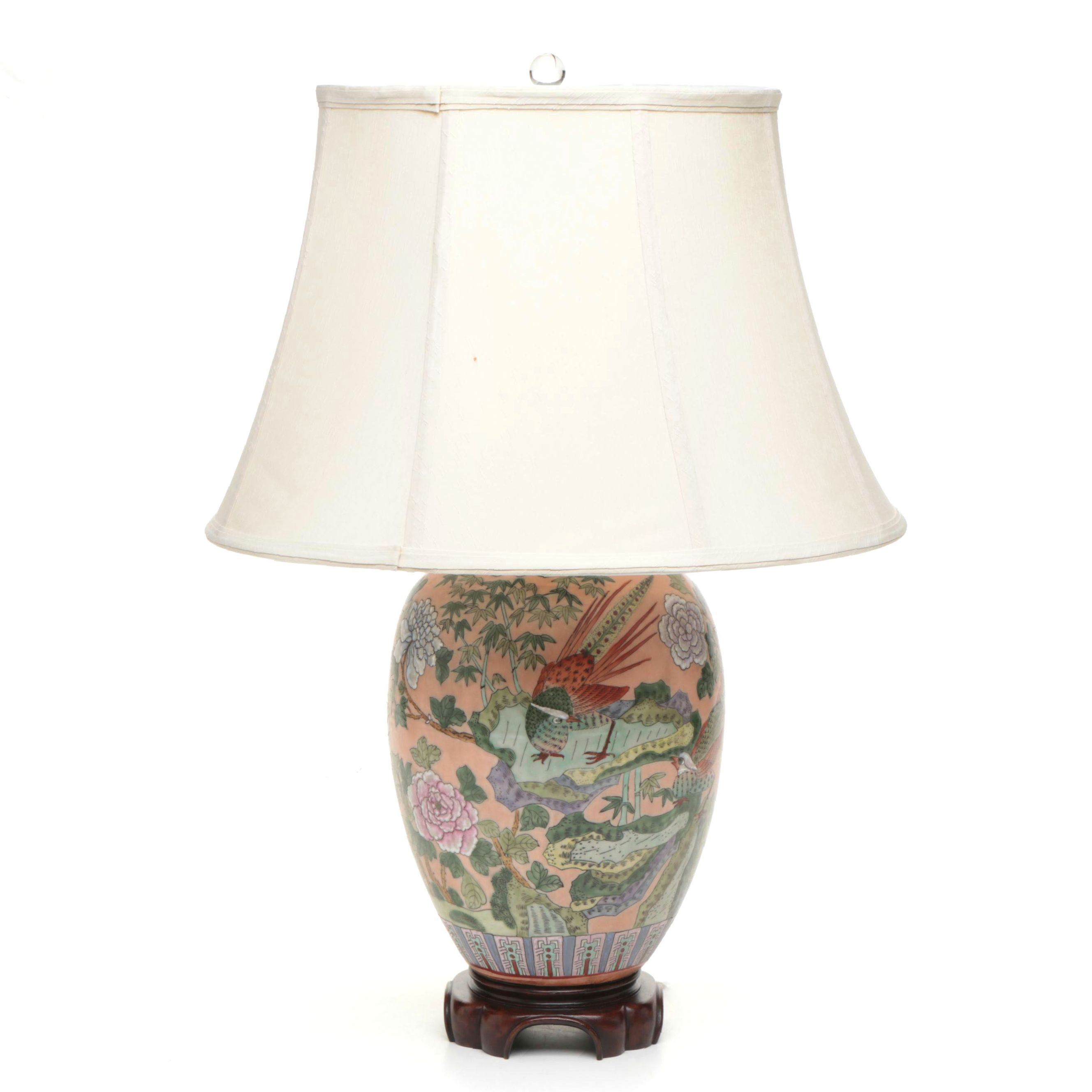 Kaiser Kuhn Porcelain Melon Jar Lamp with Pheasant & Peony Tree, Silk Shade