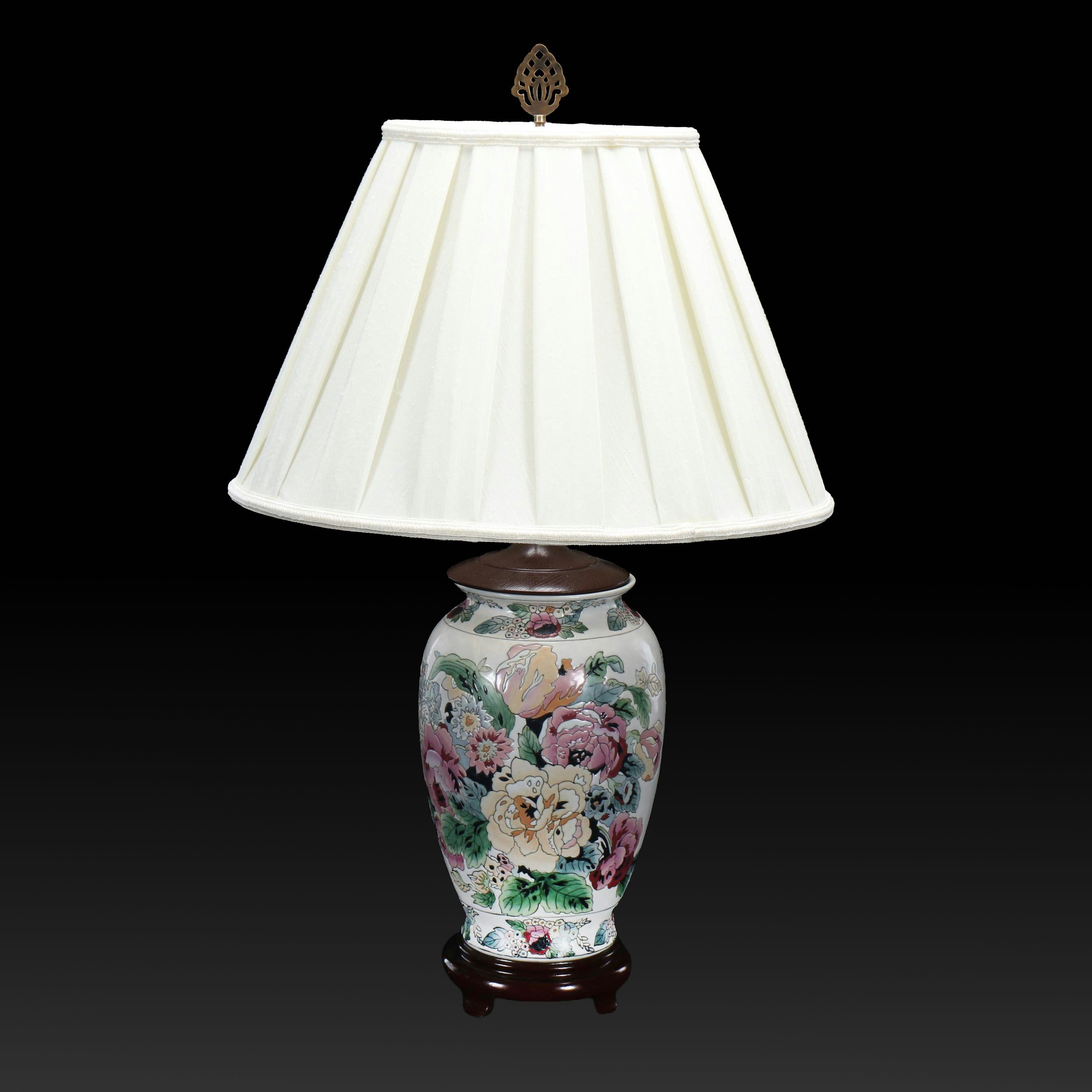 Chinese Porcelain Flower Motif Vase Table Lamp & Box Pleat Silk Shade