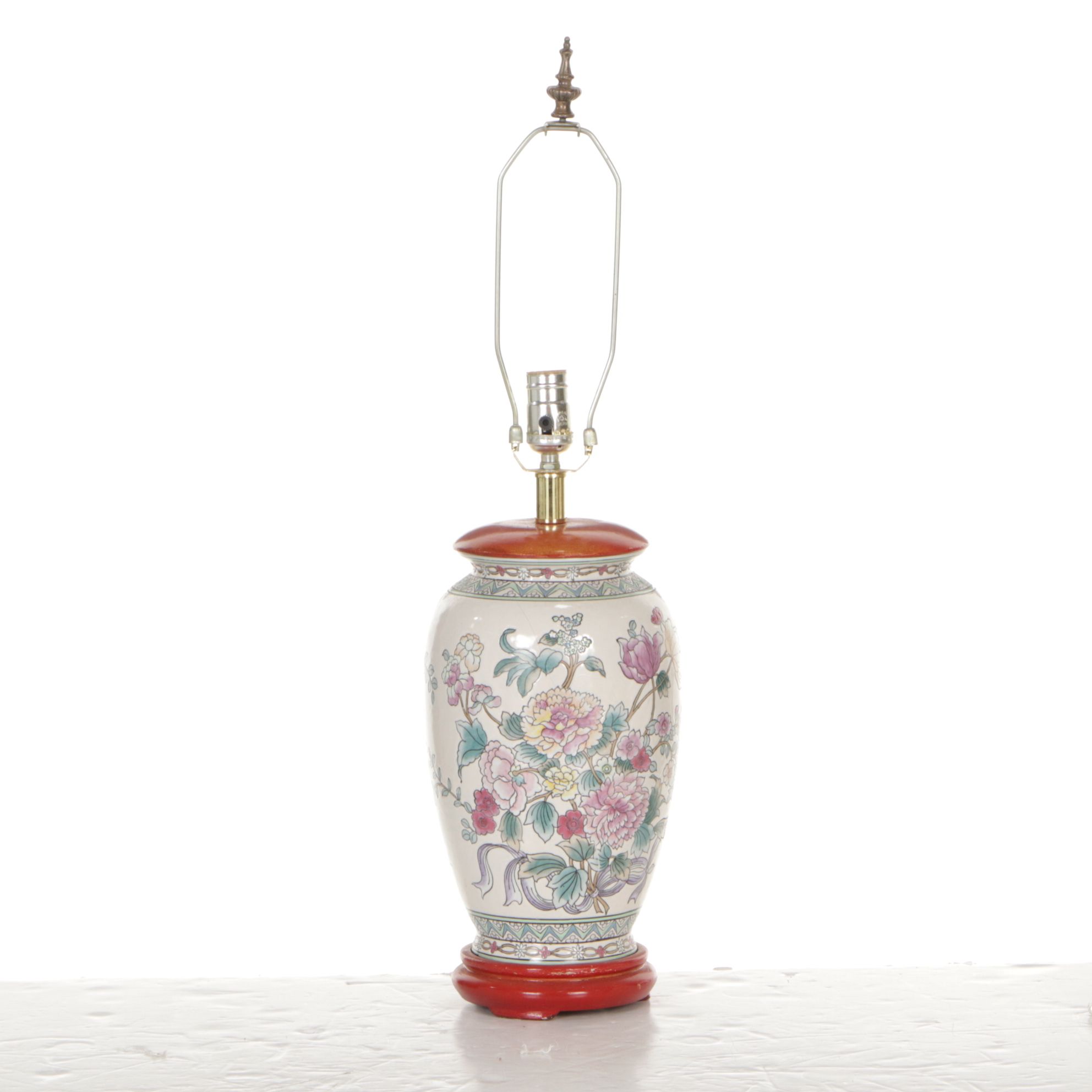 Chinese Hand-Decorated Floral Vase Table Lamp with Beaded Fringe Shade