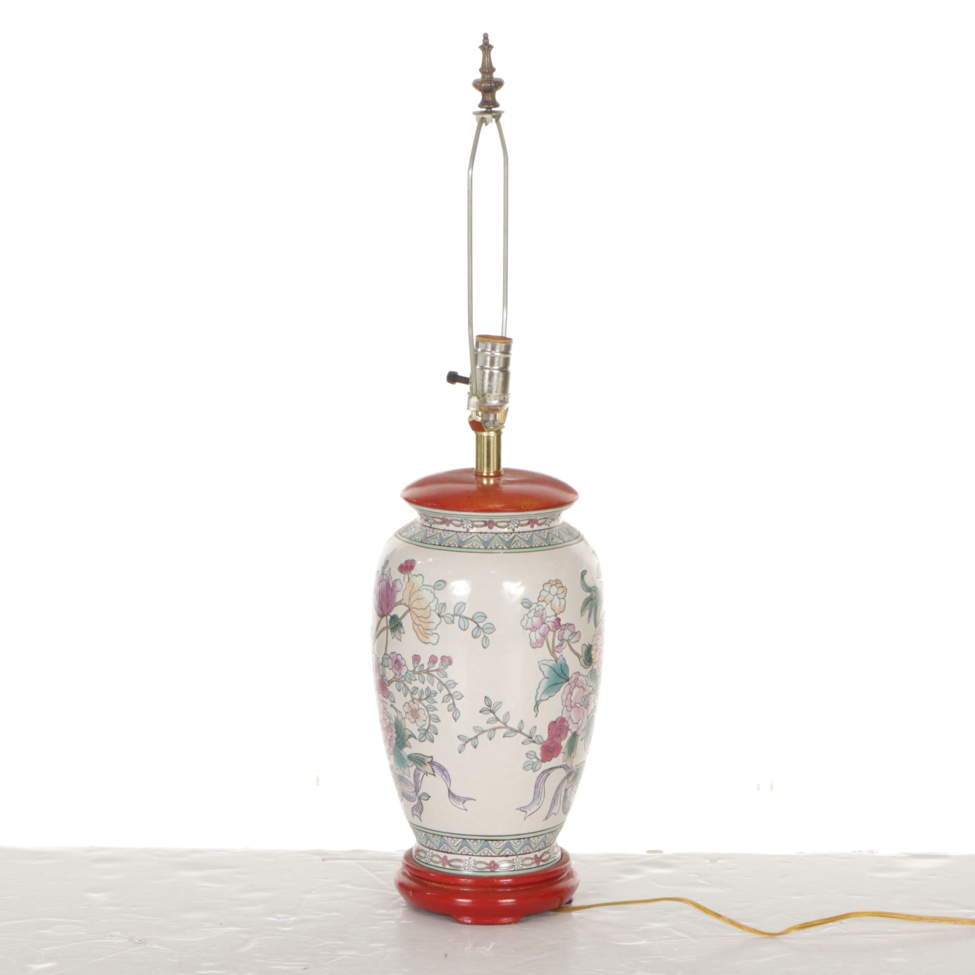 Chinese Hand-Decorated Floral Vase Table Lamp with Beaded Fringe Shade