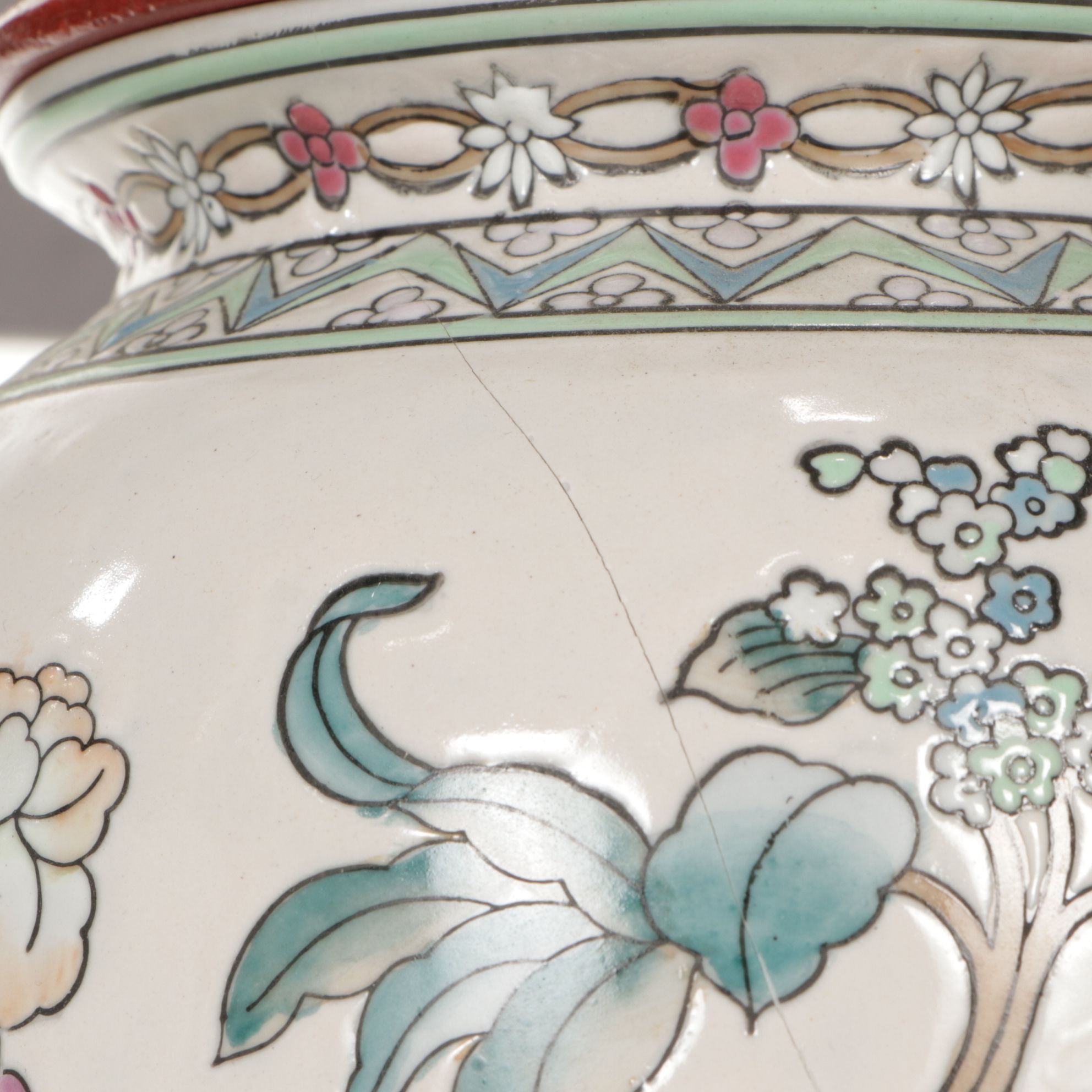 Chinese Hand-Decorated Floral Vase Table Lamp with Beaded Fringe Shade