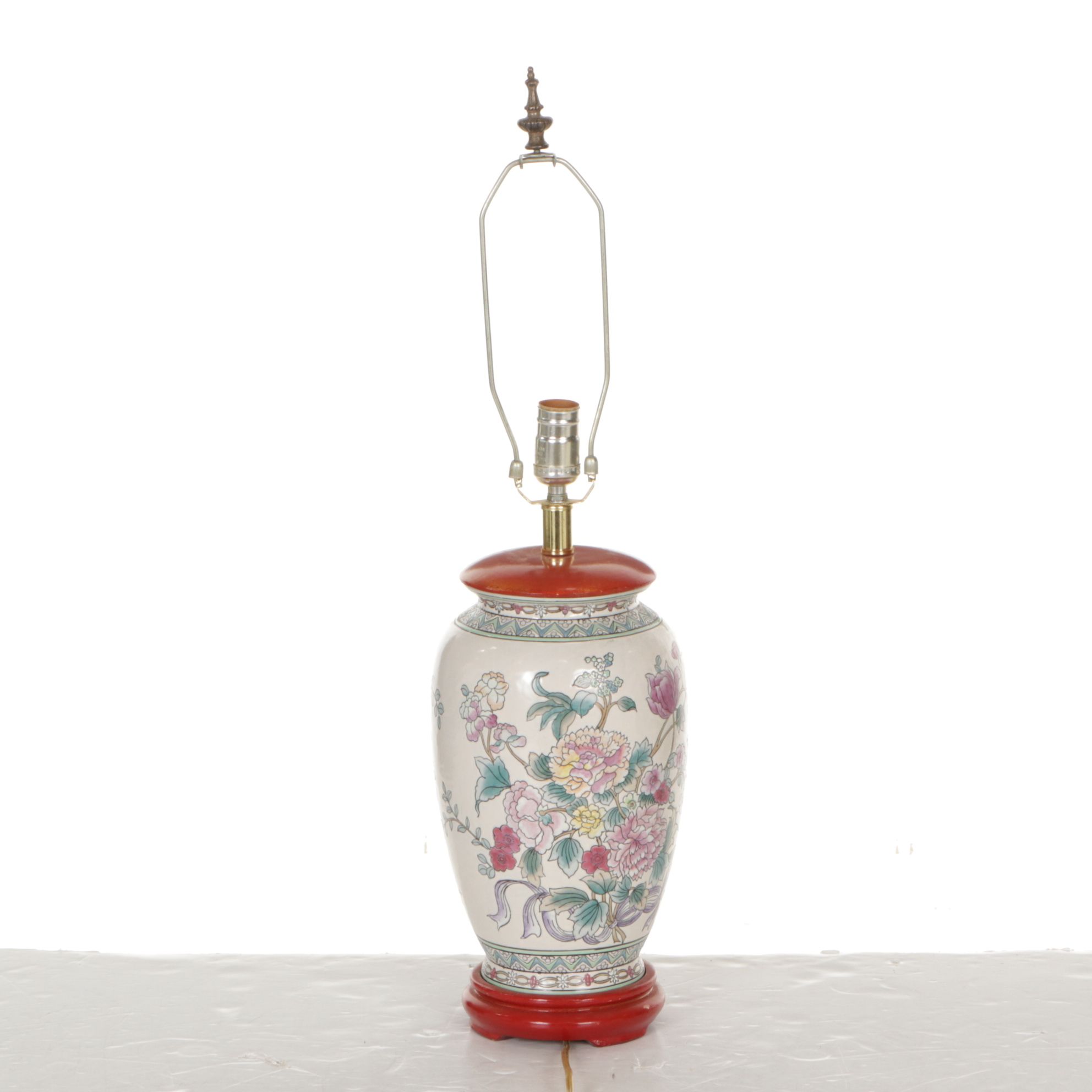 Chinese Hand-Decorated Floral Vase Table Lamp with Beaded Fringe Shade