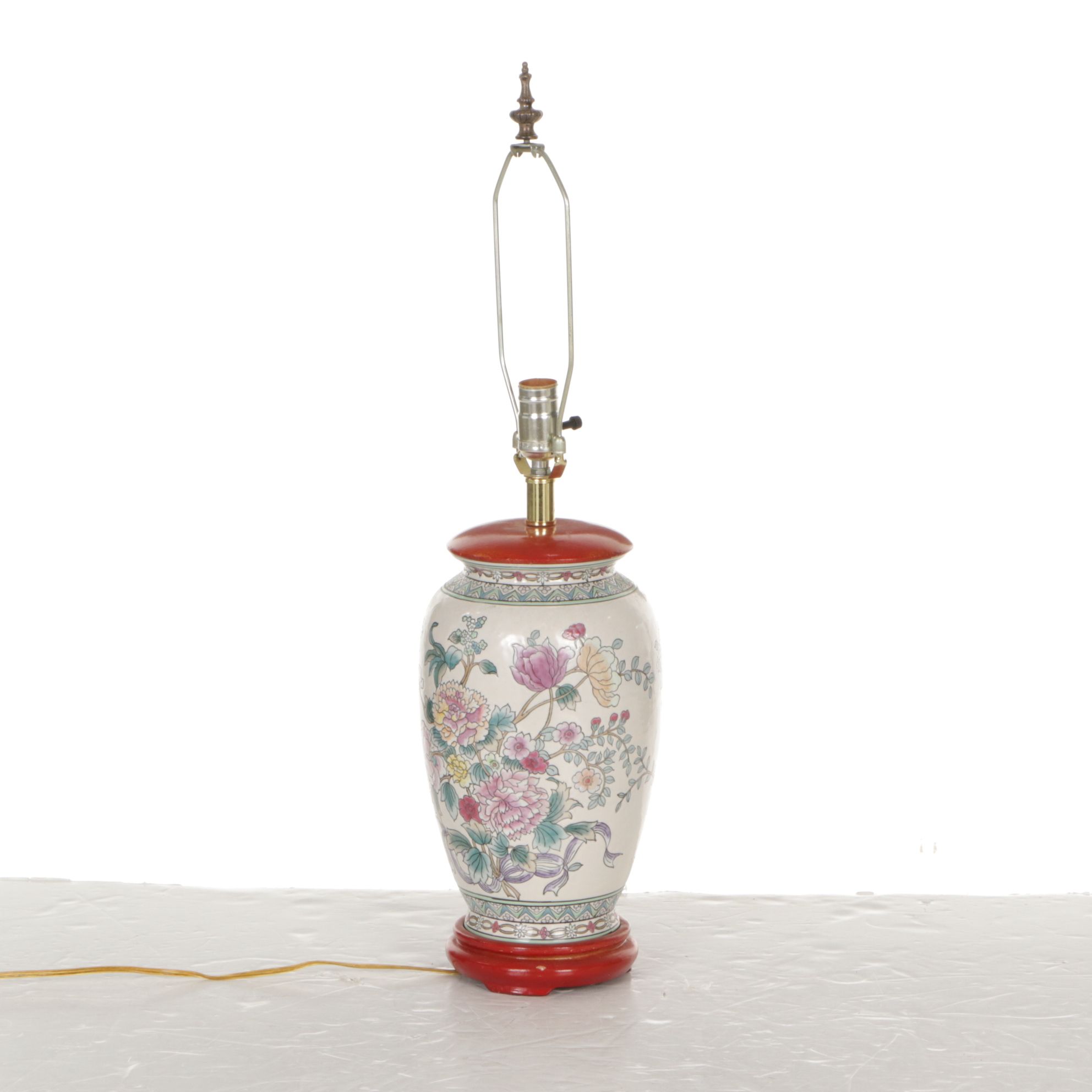 Chinese Hand-Decorated Floral Vase Table Lamp with Beaded Fringe Shade