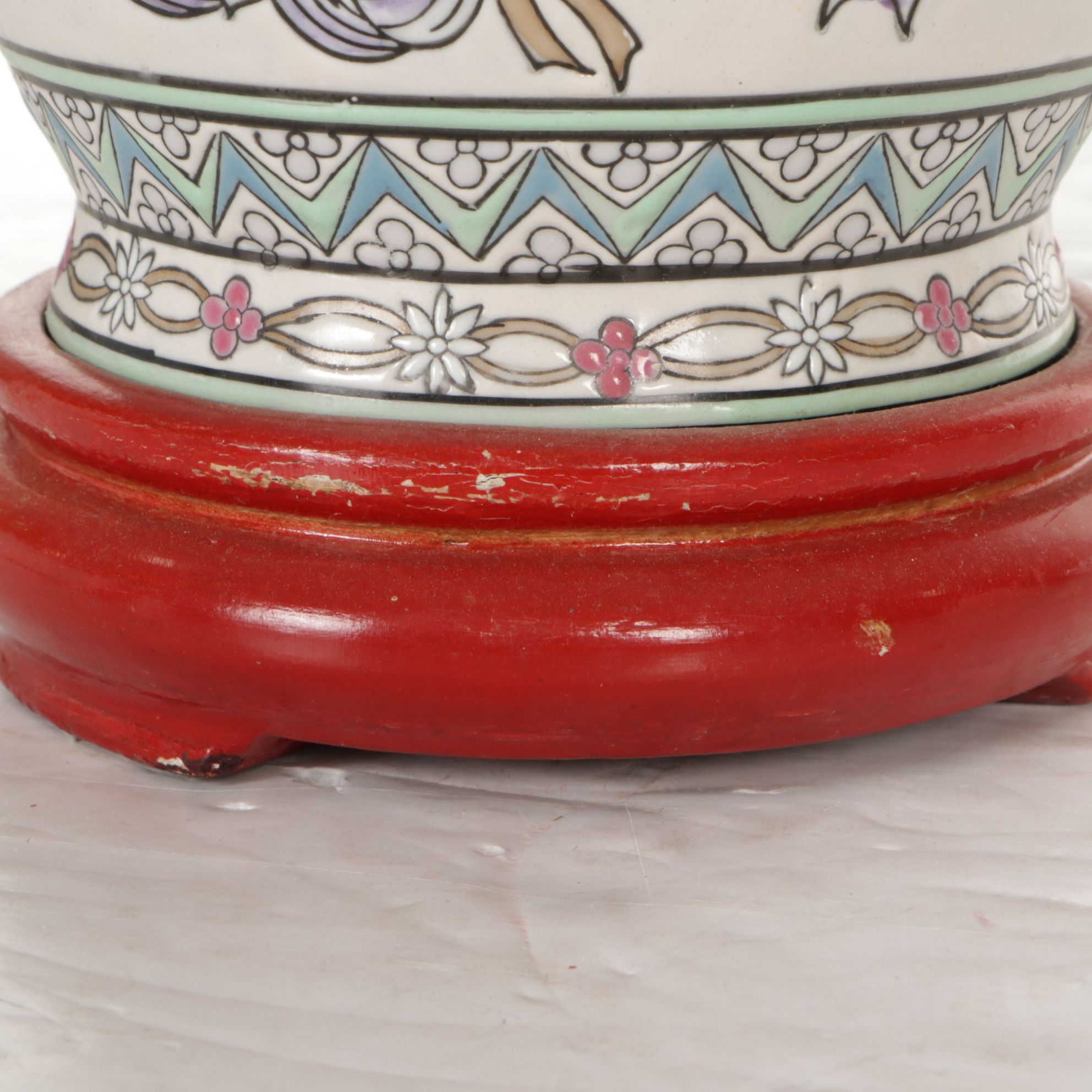 Chinese Hand-Decorated Floral Vase Table Lamp with Beaded Fringe Shade