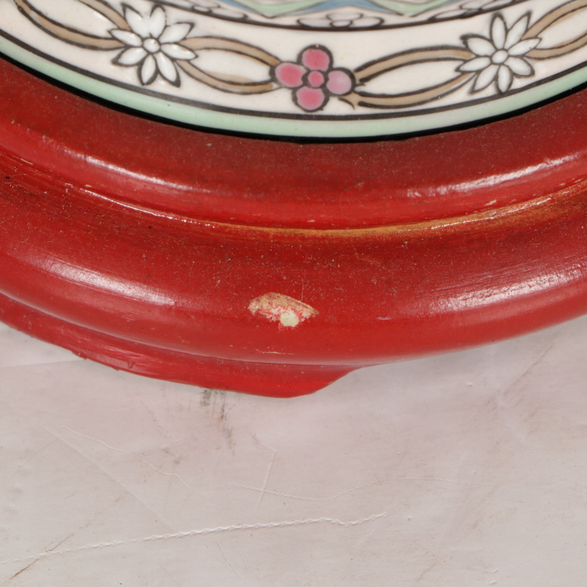 Chinese Hand-Decorated Floral Vase Table Lamp with Beaded Fringe Shade