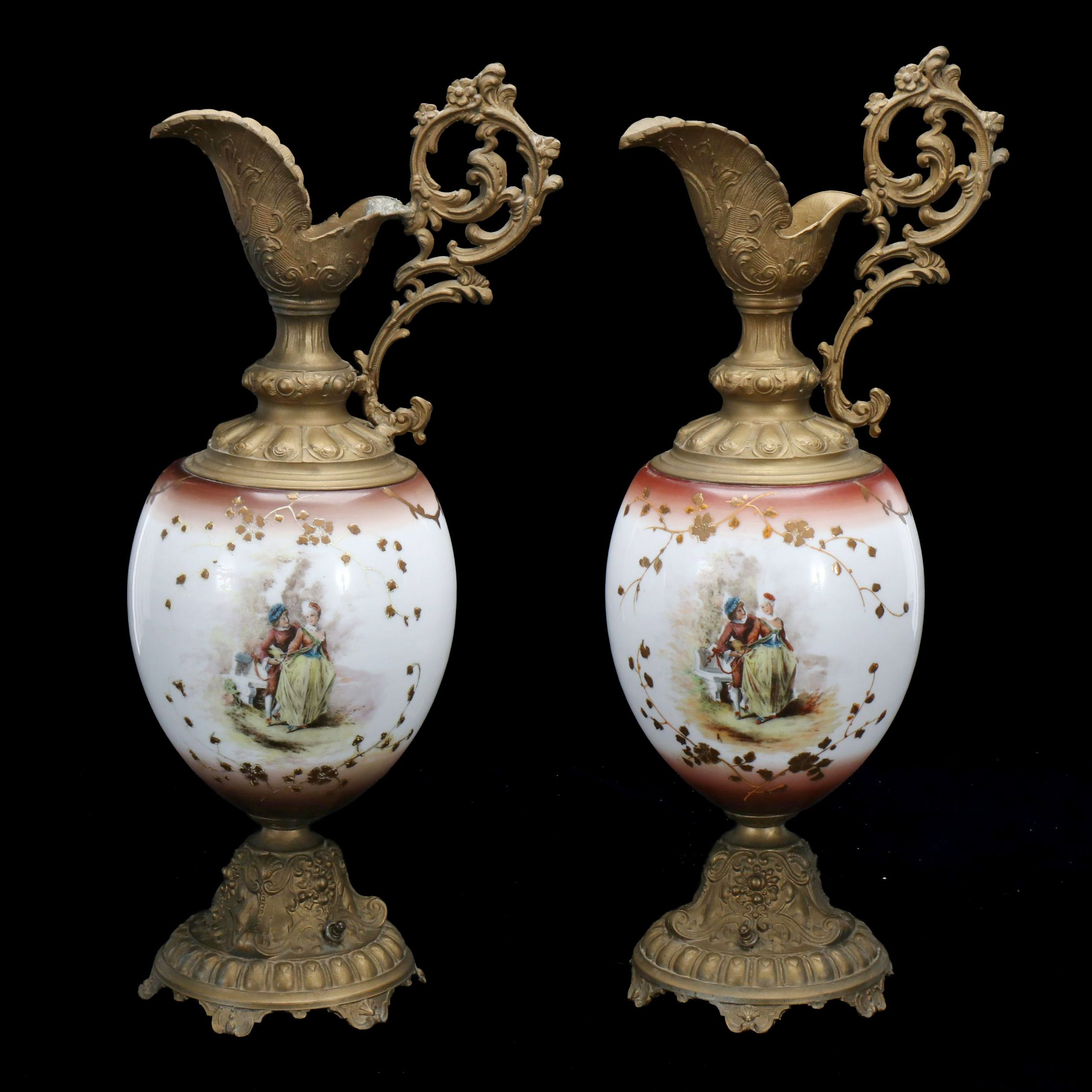 Victorian Wavecrest Painted Milk Glass and Spelter Ewer Accent Lamps