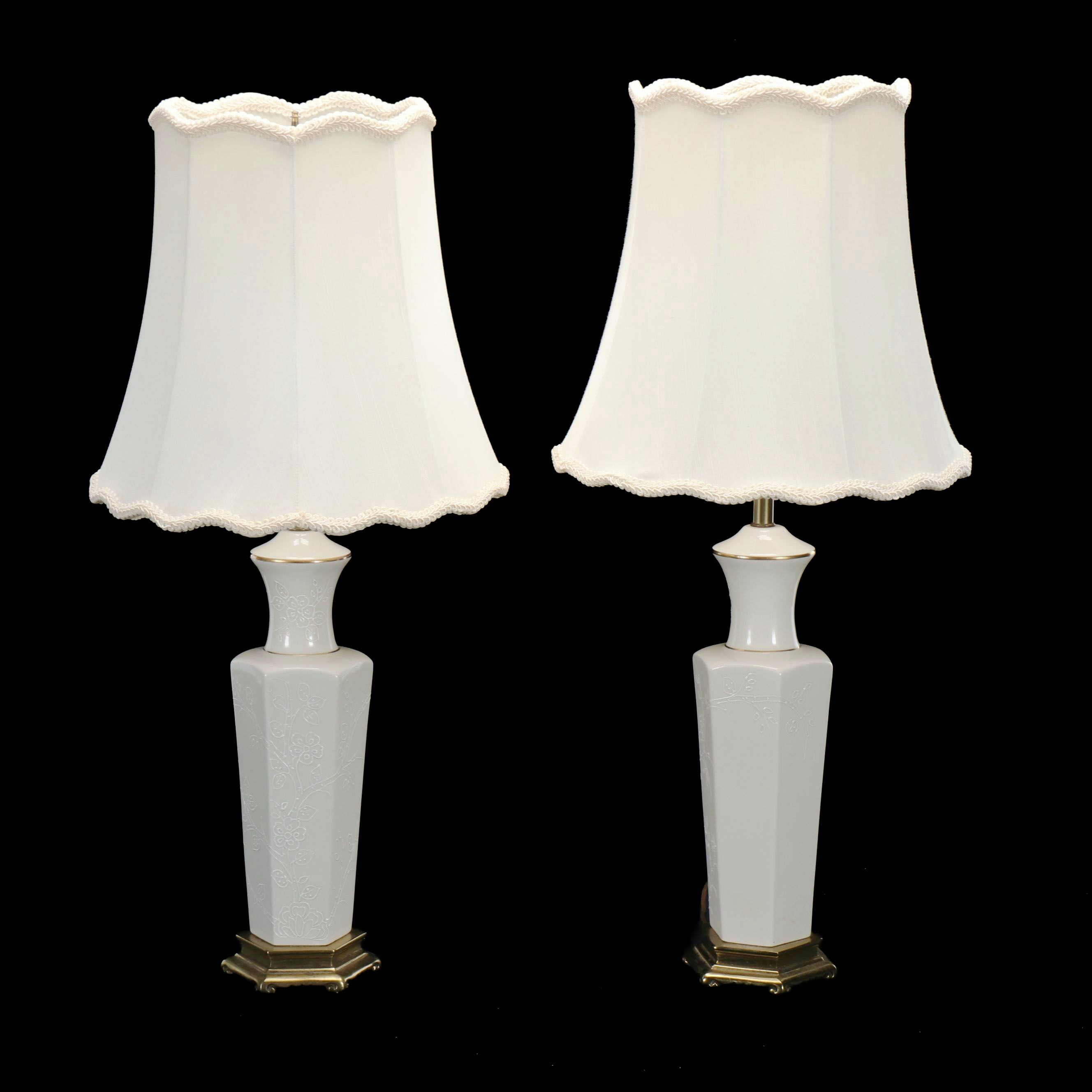 Tyndale Moriage Decorated Porcelain Vase Table Lamps with Silk Bell Shades
