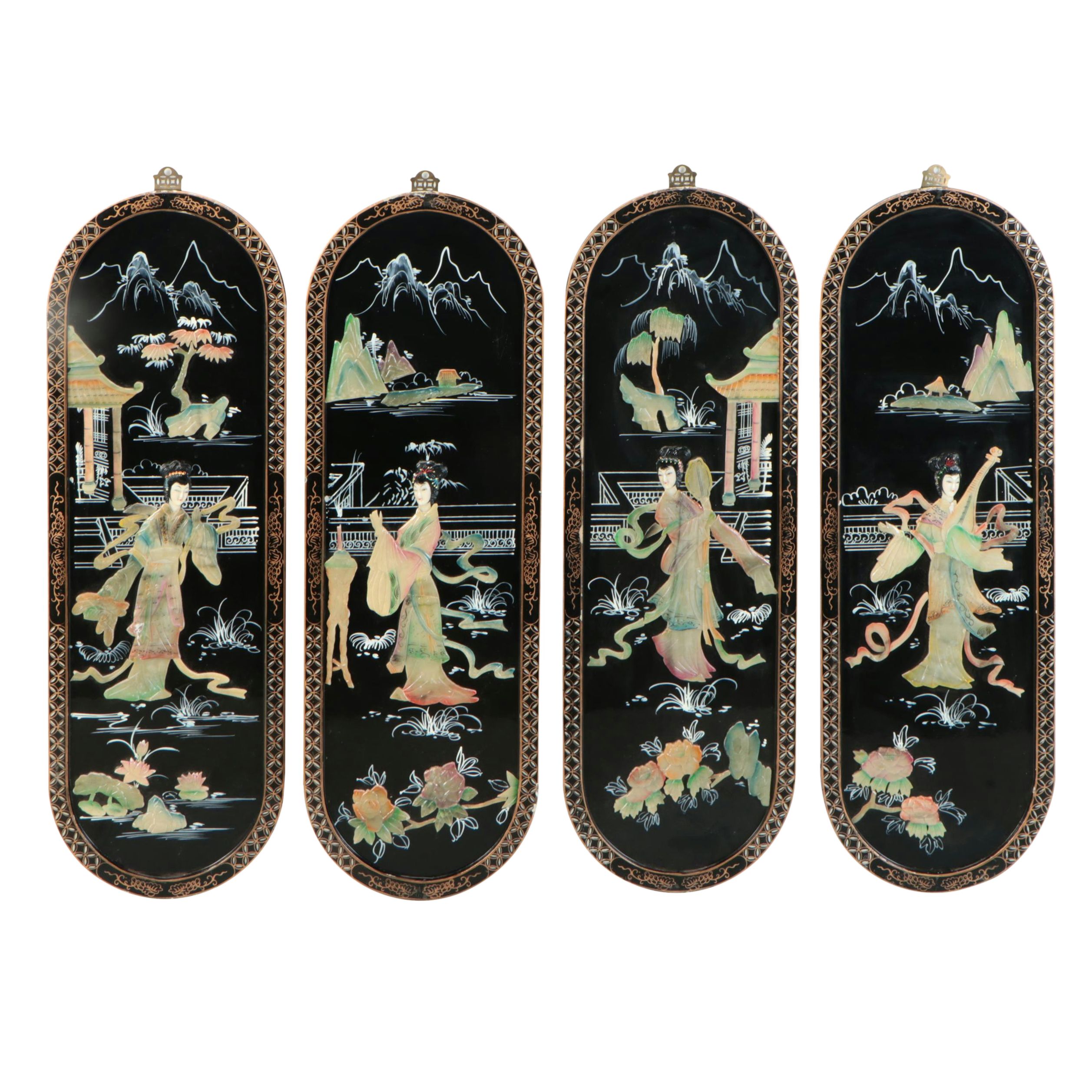 Chinese Lacquerware Hanging Panels with Carved Shell Figures