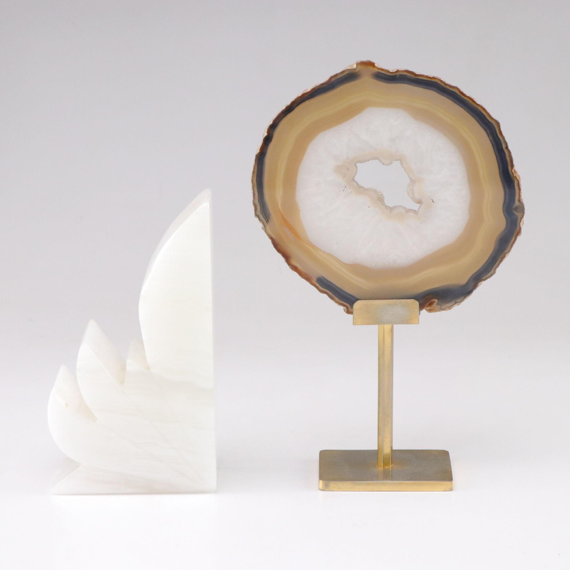 Geode Slice in Brass Stand with Carved Calcite Bookend