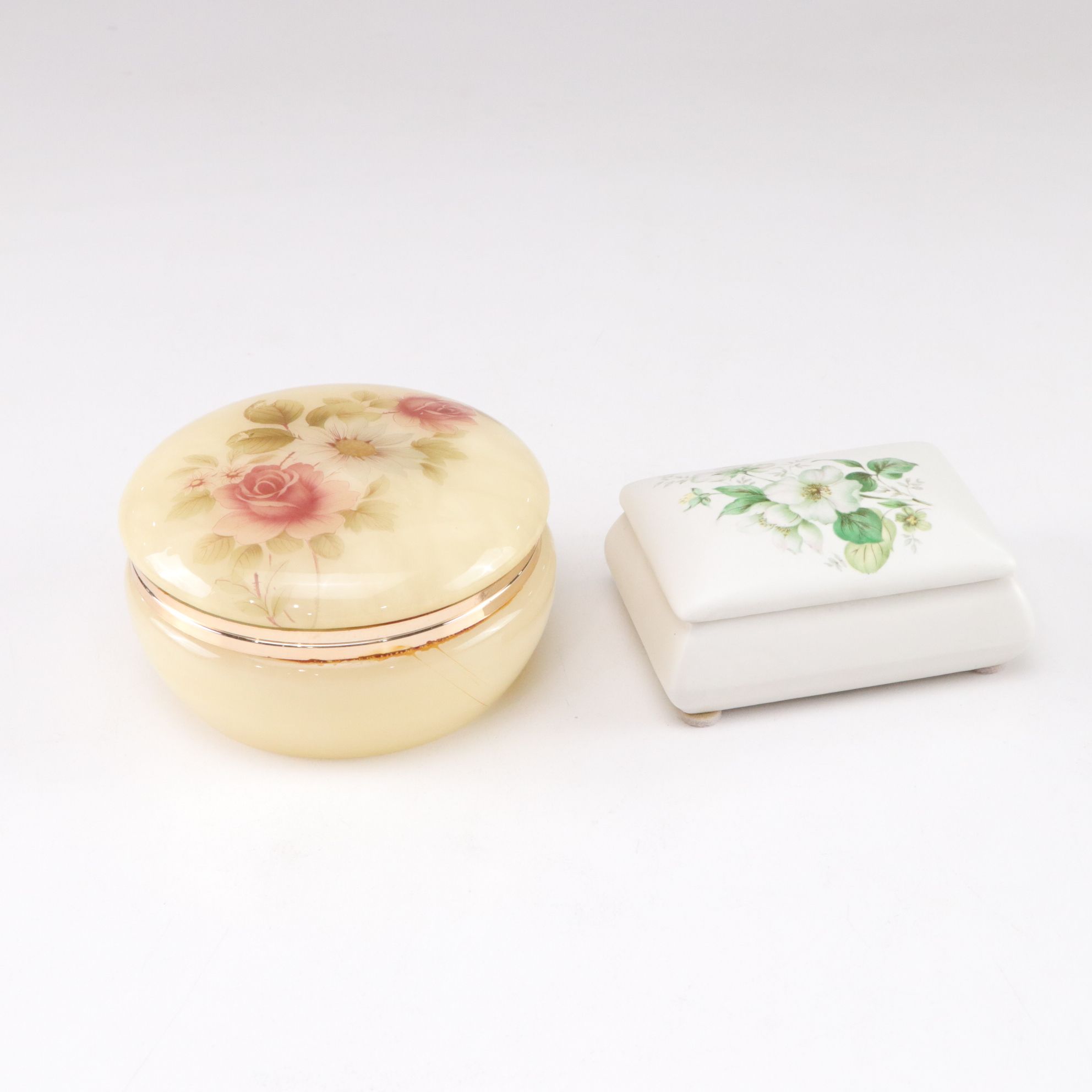 Italian Alabaster Powder Box, with Cigarette Box and Hand-Decorated Vanity Boxes