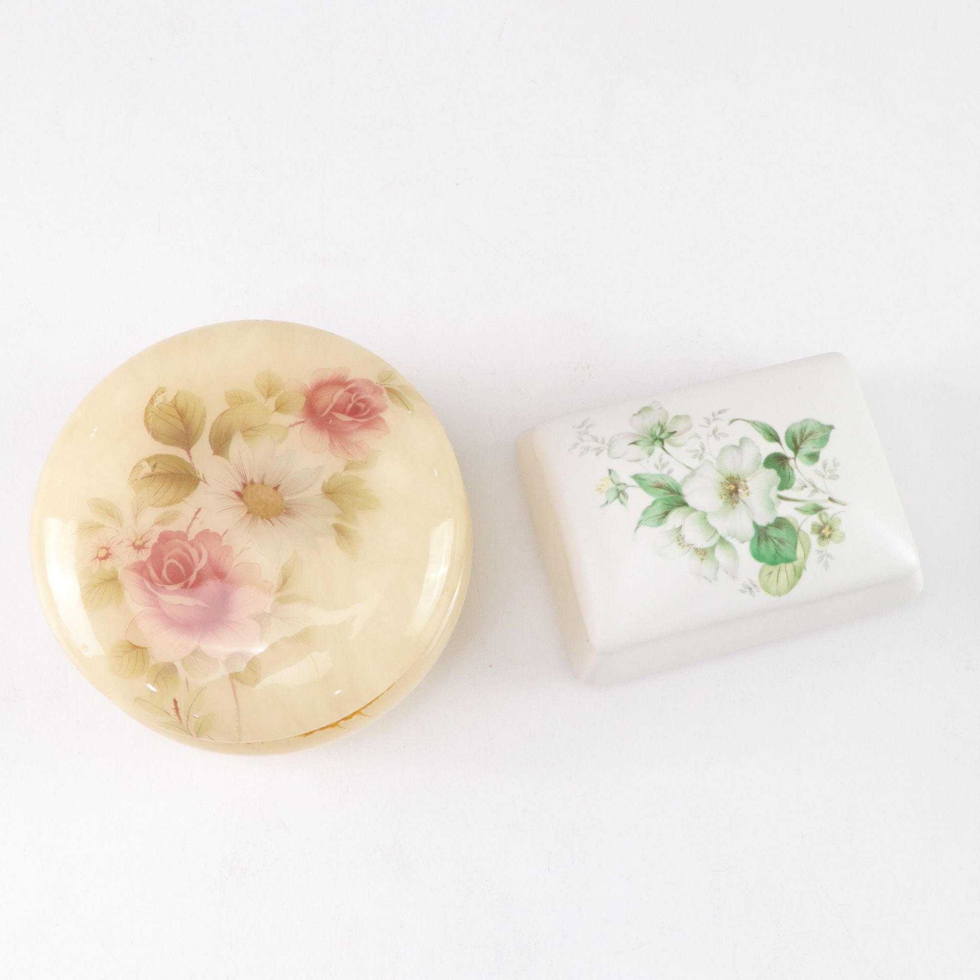 Italian Alabaster Powder Box, with Cigarette Box and Hand-Decorated Vanity Boxes