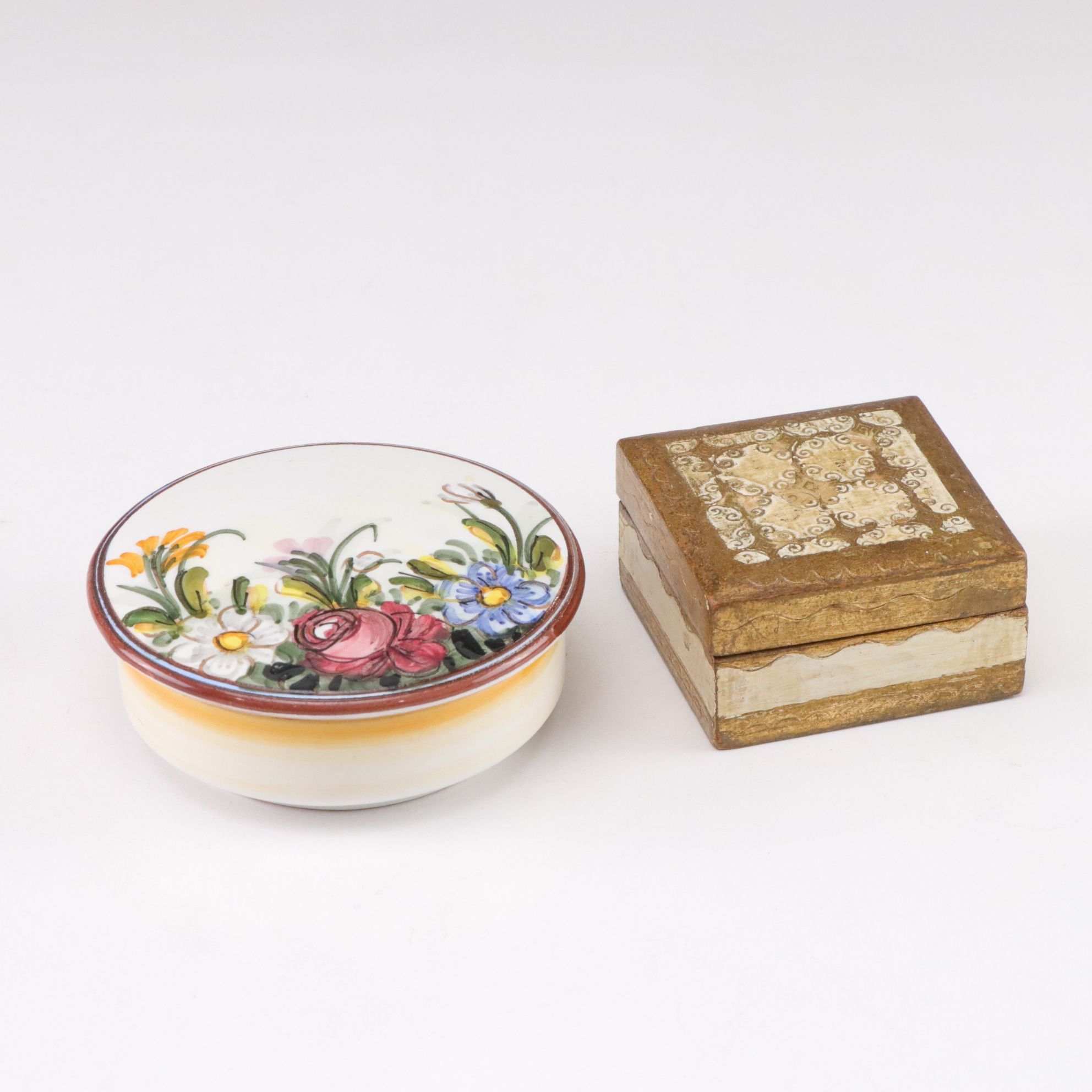 Italian Alabaster Powder Box, with Cigarette Box and Hand-Decorated Vanity Boxes