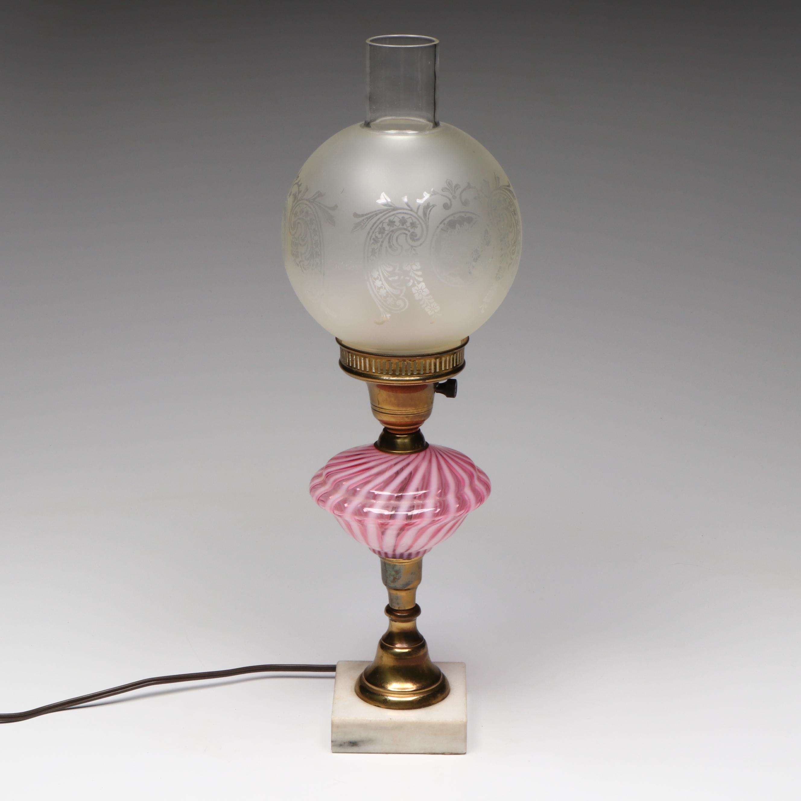 Victorian Cranberry Swirl Glass Oil Lamp with Satin Etched Globe Shade, Adapted