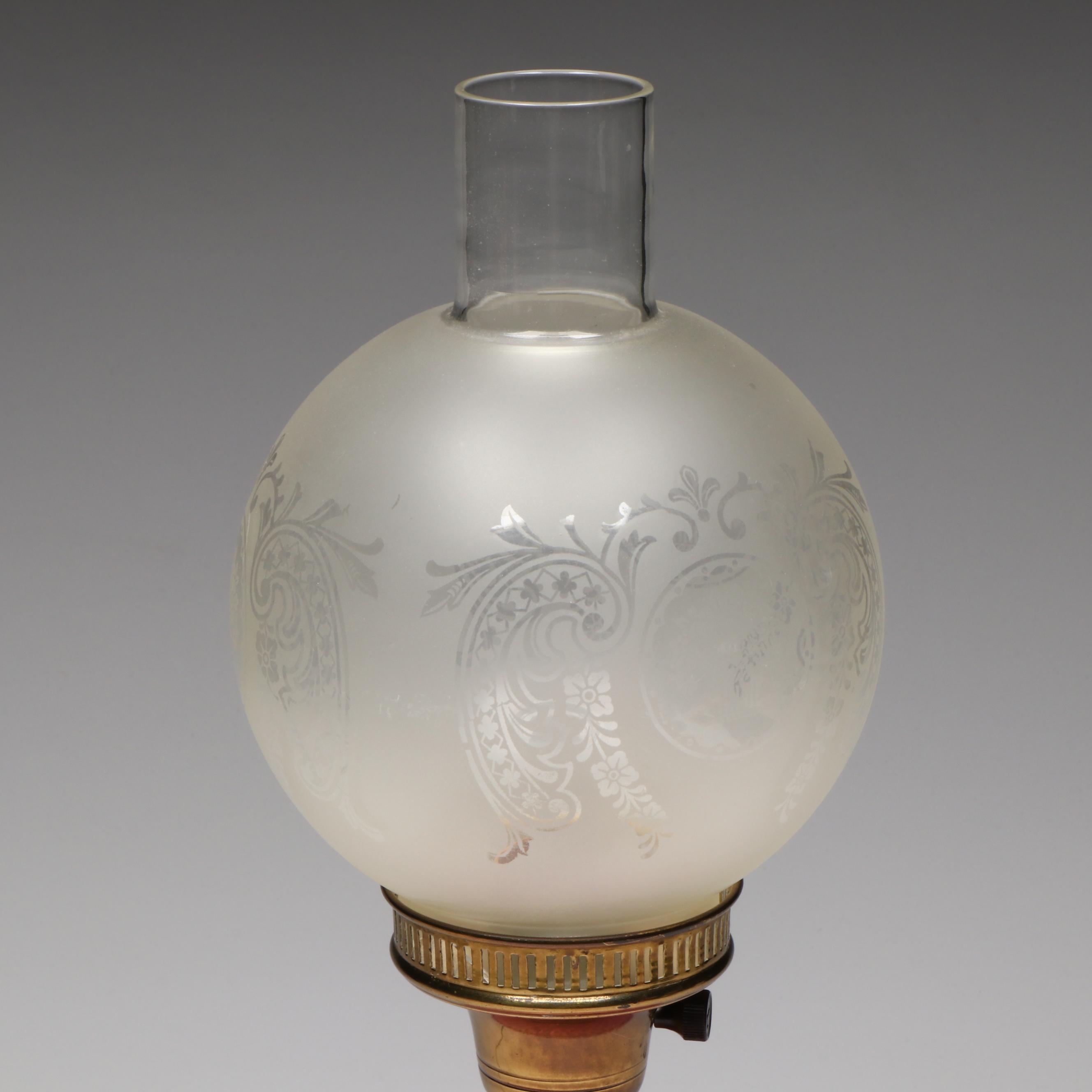 Victorian Cranberry Swirl Glass Oil Lamp with Satin Etched Globe Shade, Adapted