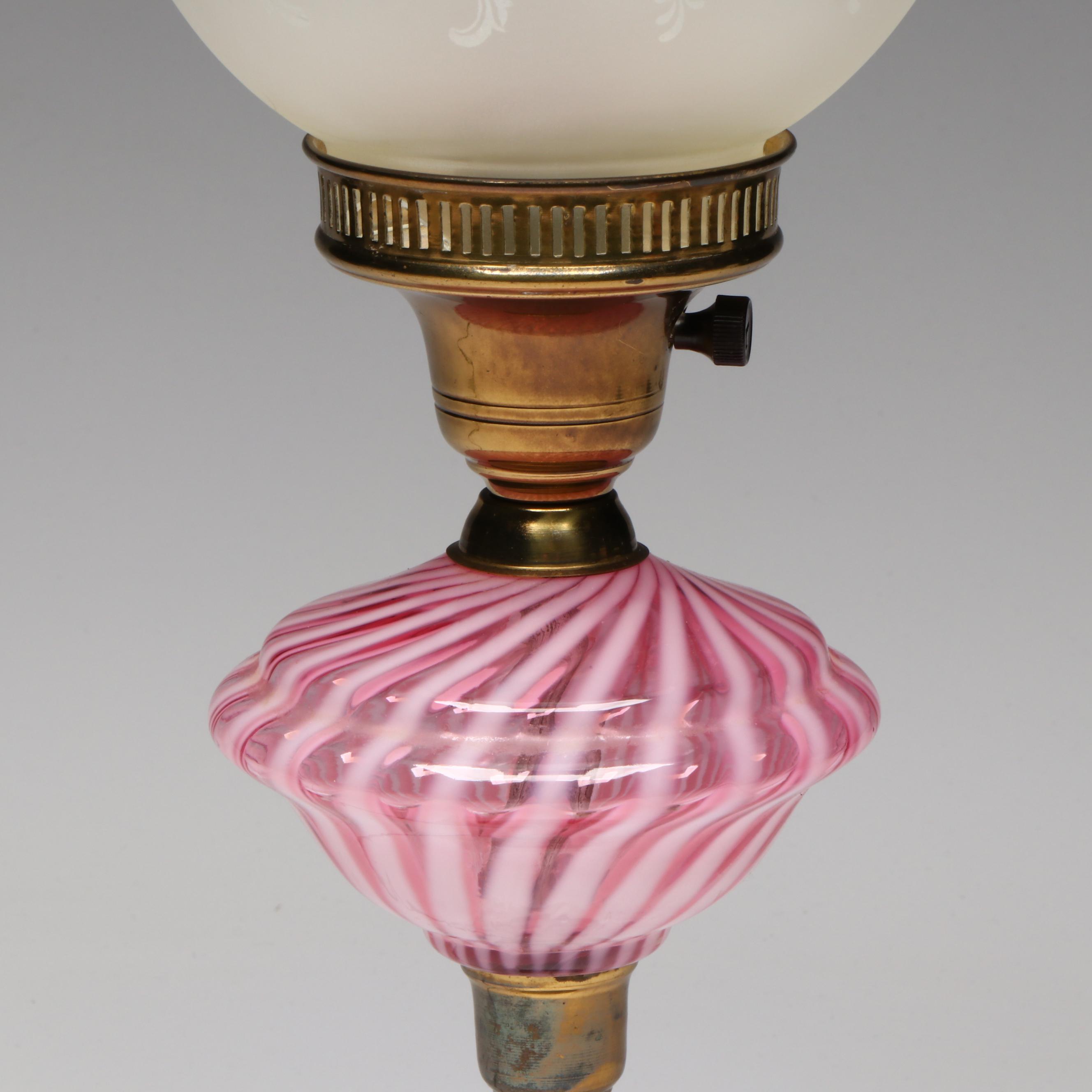 Victorian Cranberry Swirl Glass Oil Lamp with Satin Etched Globe Shade, Adapted