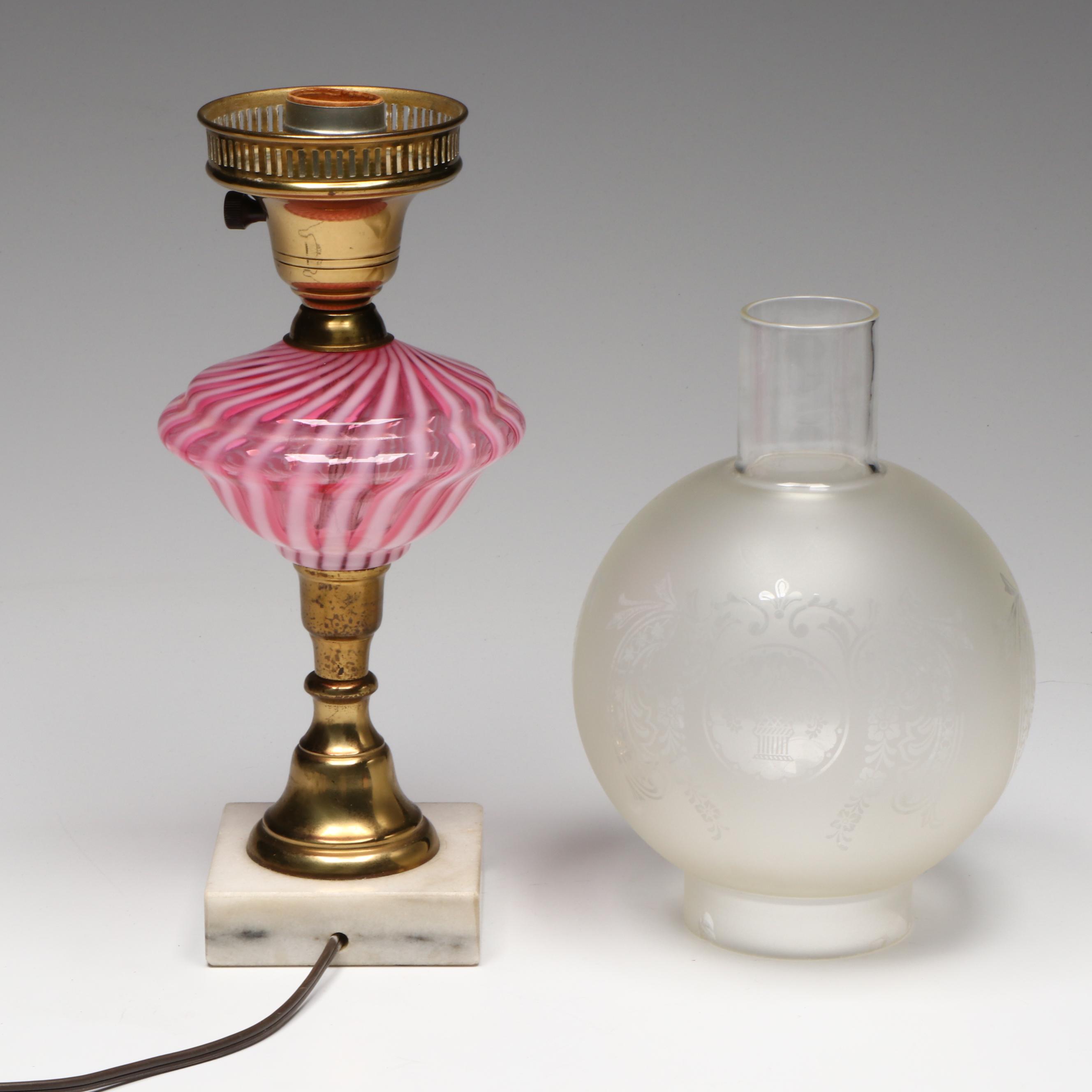 Victorian Cranberry Swirl Glass Oil Lamp with Satin Etched Globe Shade, Adapted