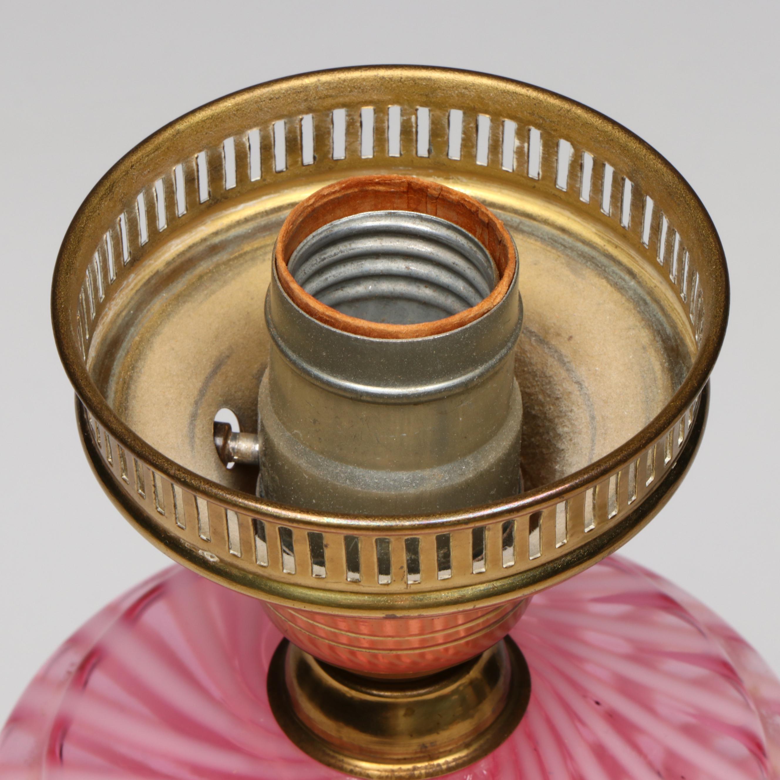 Victorian Cranberry Swirl Glass Oil Lamp with Satin Etched Globe Shade, Adapted