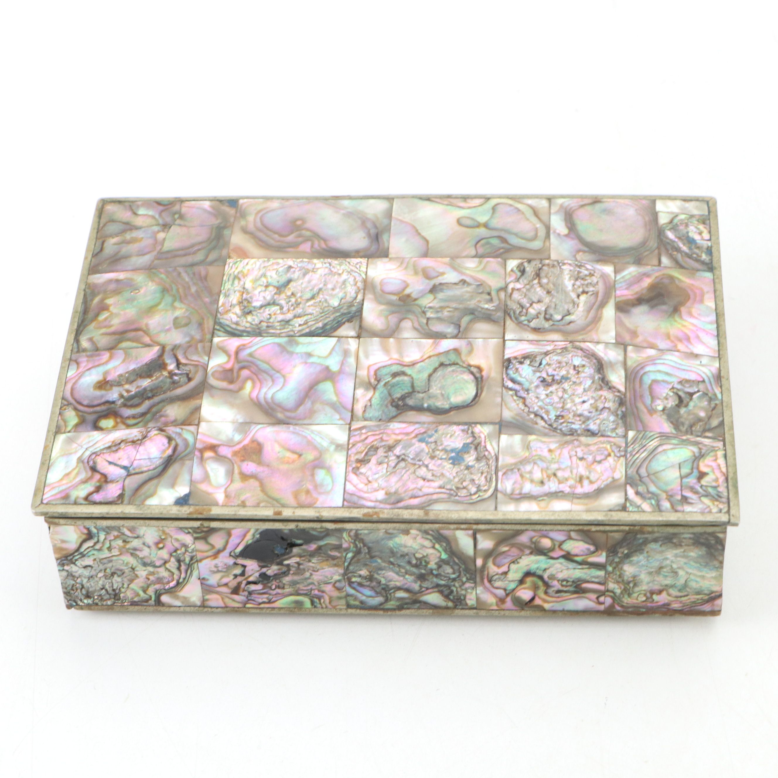 Mexican Abalone and Silver Plate Box with Banded Calcite Box