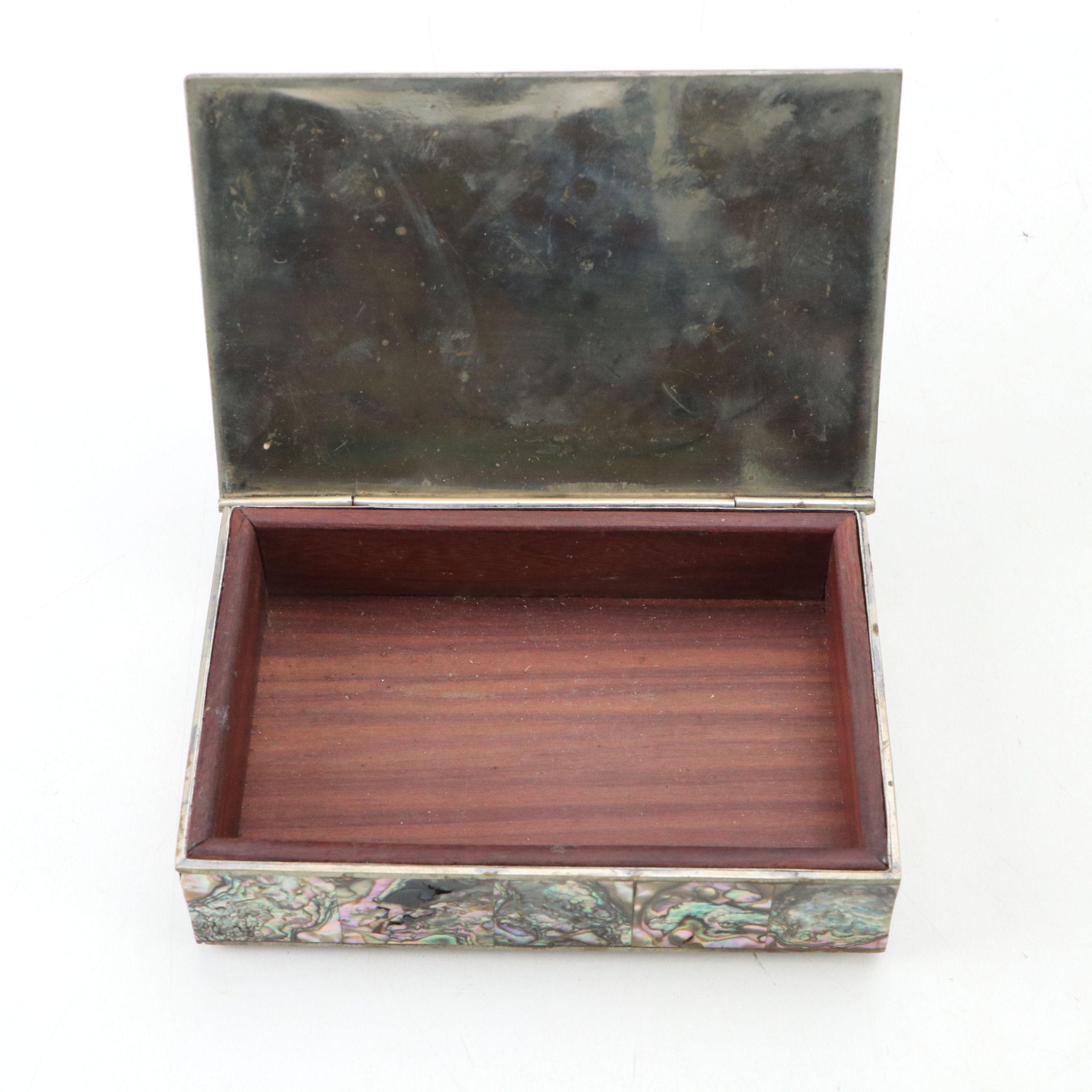 Mexican Abalone and Silver Plate Box with Banded Calcite Box