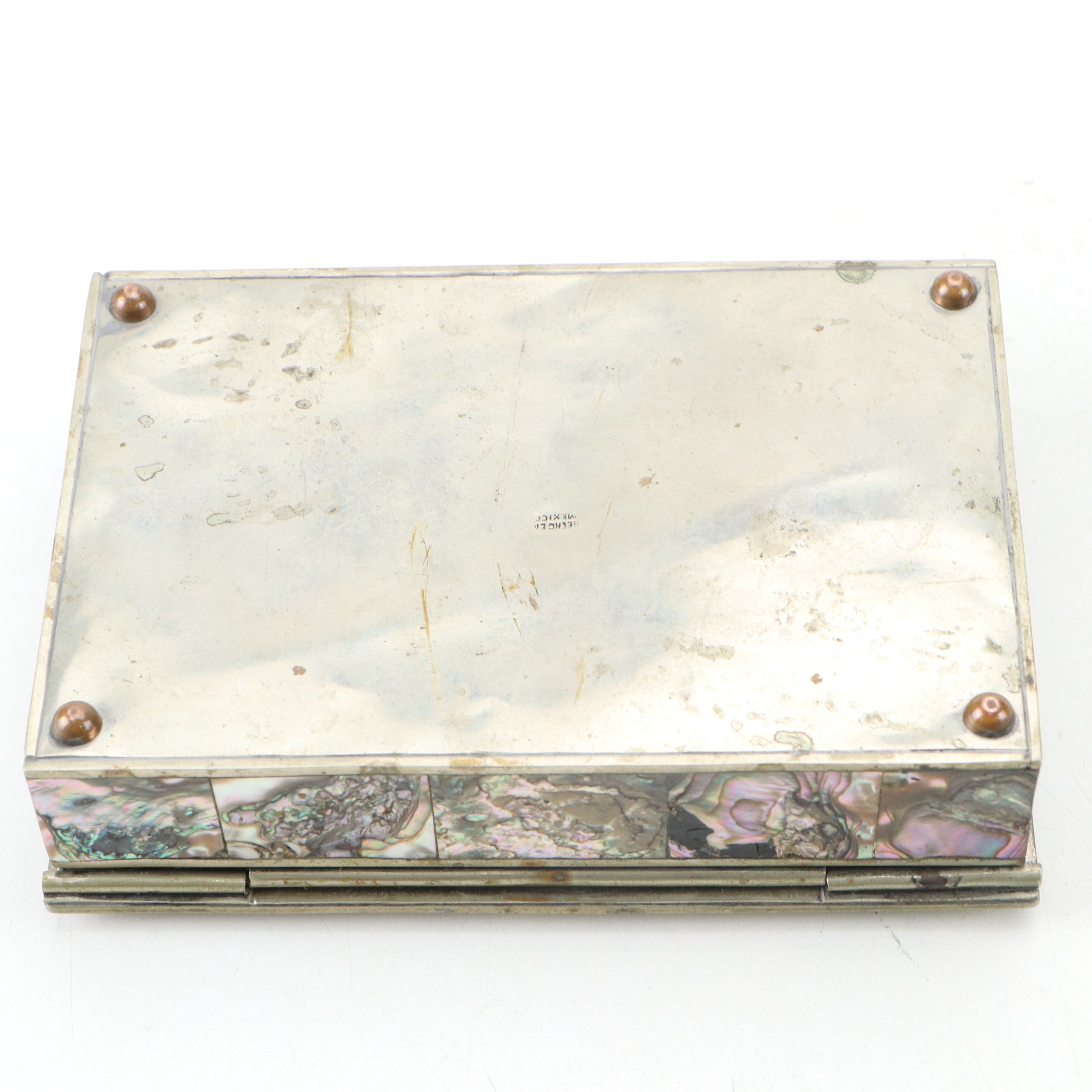 Mexican Abalone and Silver Plate Box with Banded Calcite Box