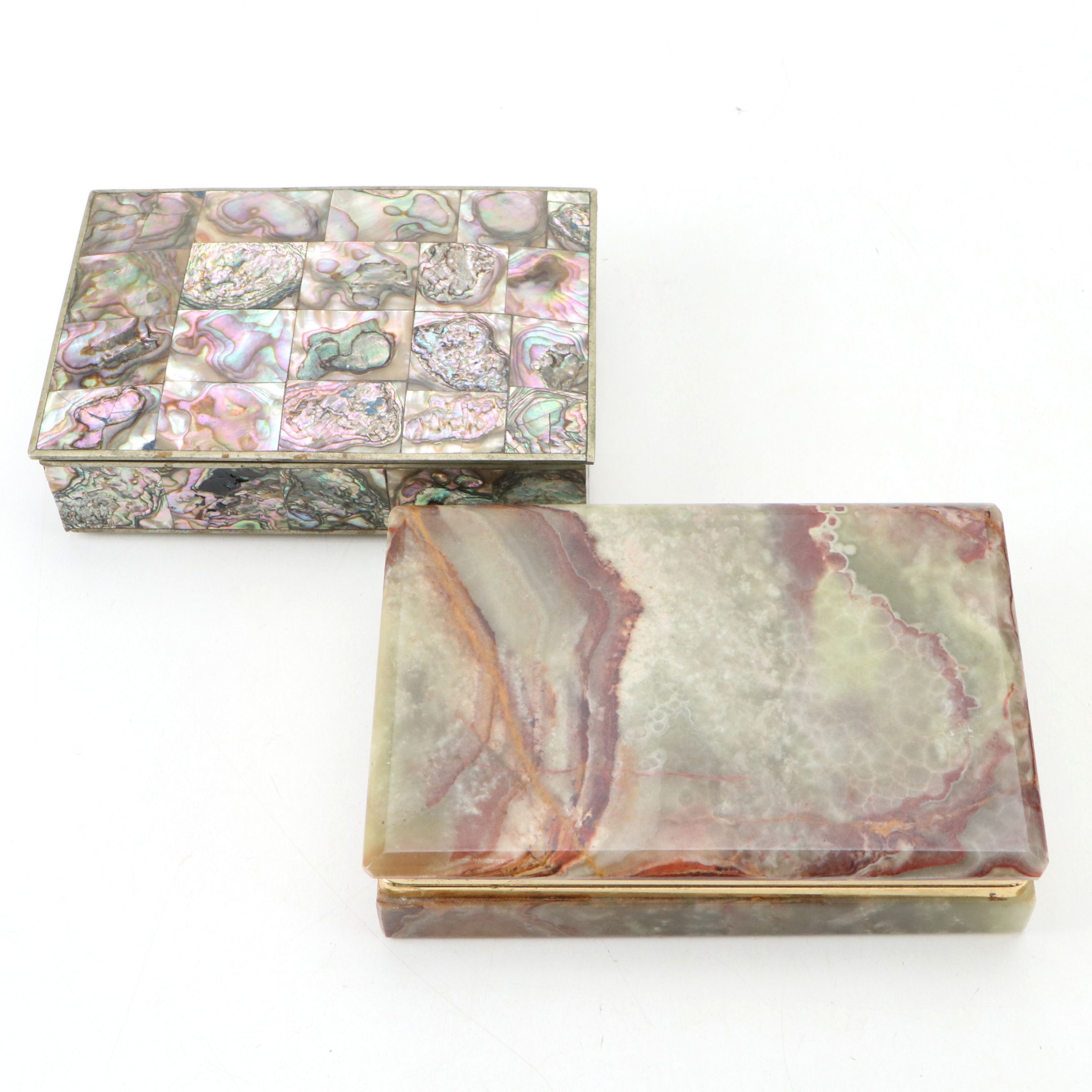Mexican Abalone and Silver Plate Box with Banded Calcite Box