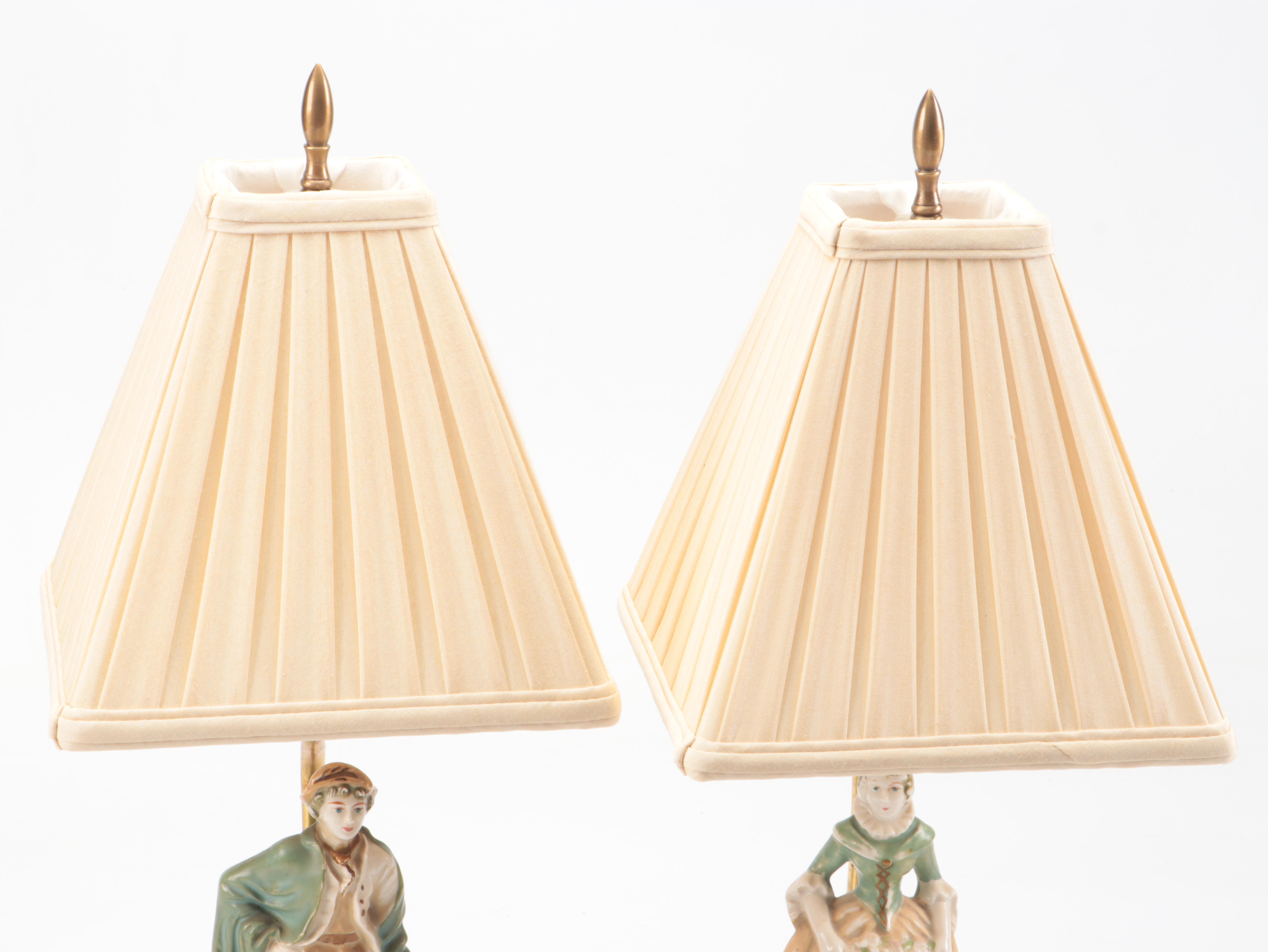 Early American Dress Lad & Lass Figurine Table Lamps with Box Pleated Shades