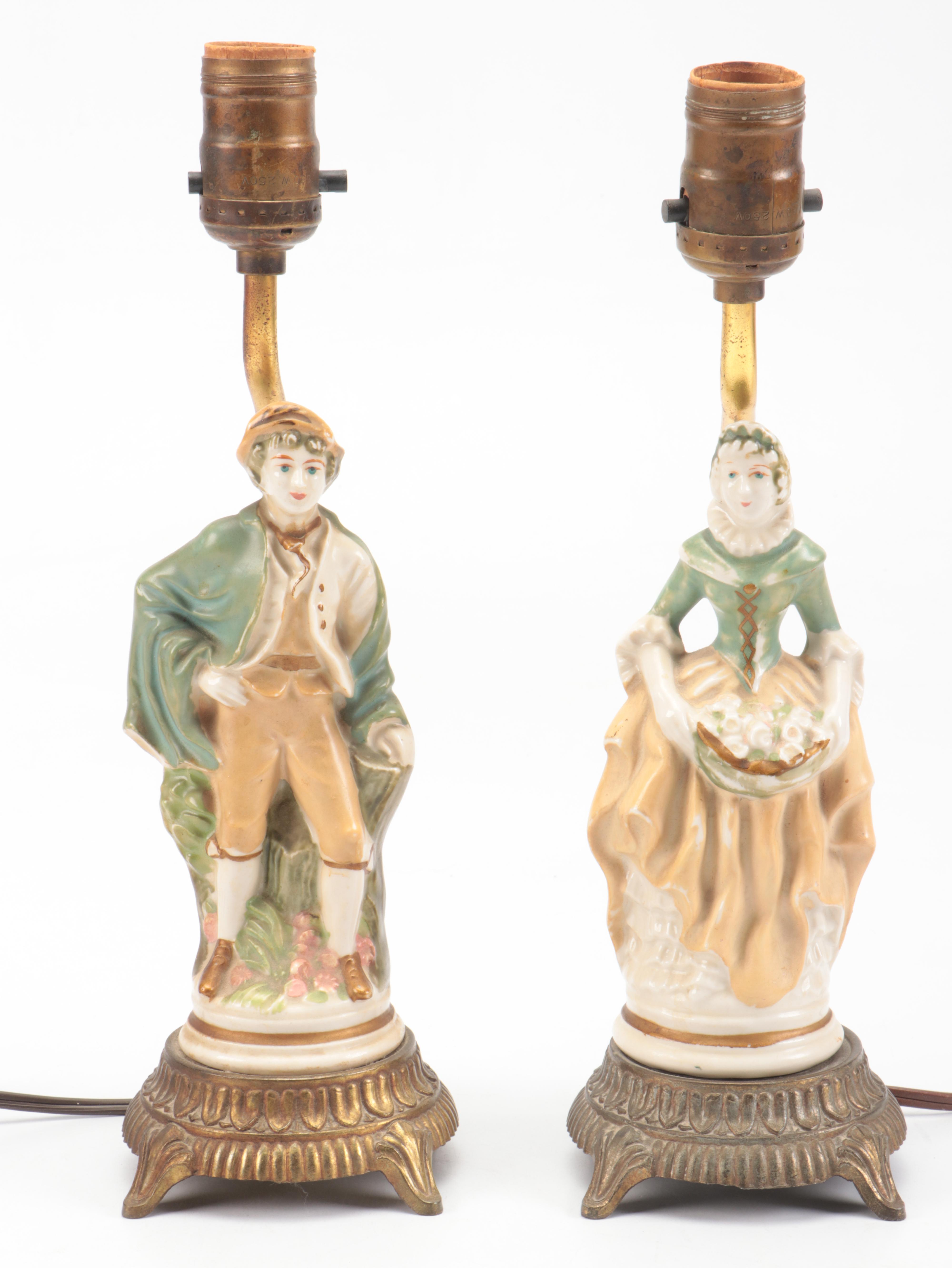 Early American Dress Lad & Lass Figurine Table Lamps with Box Pleated Shades
