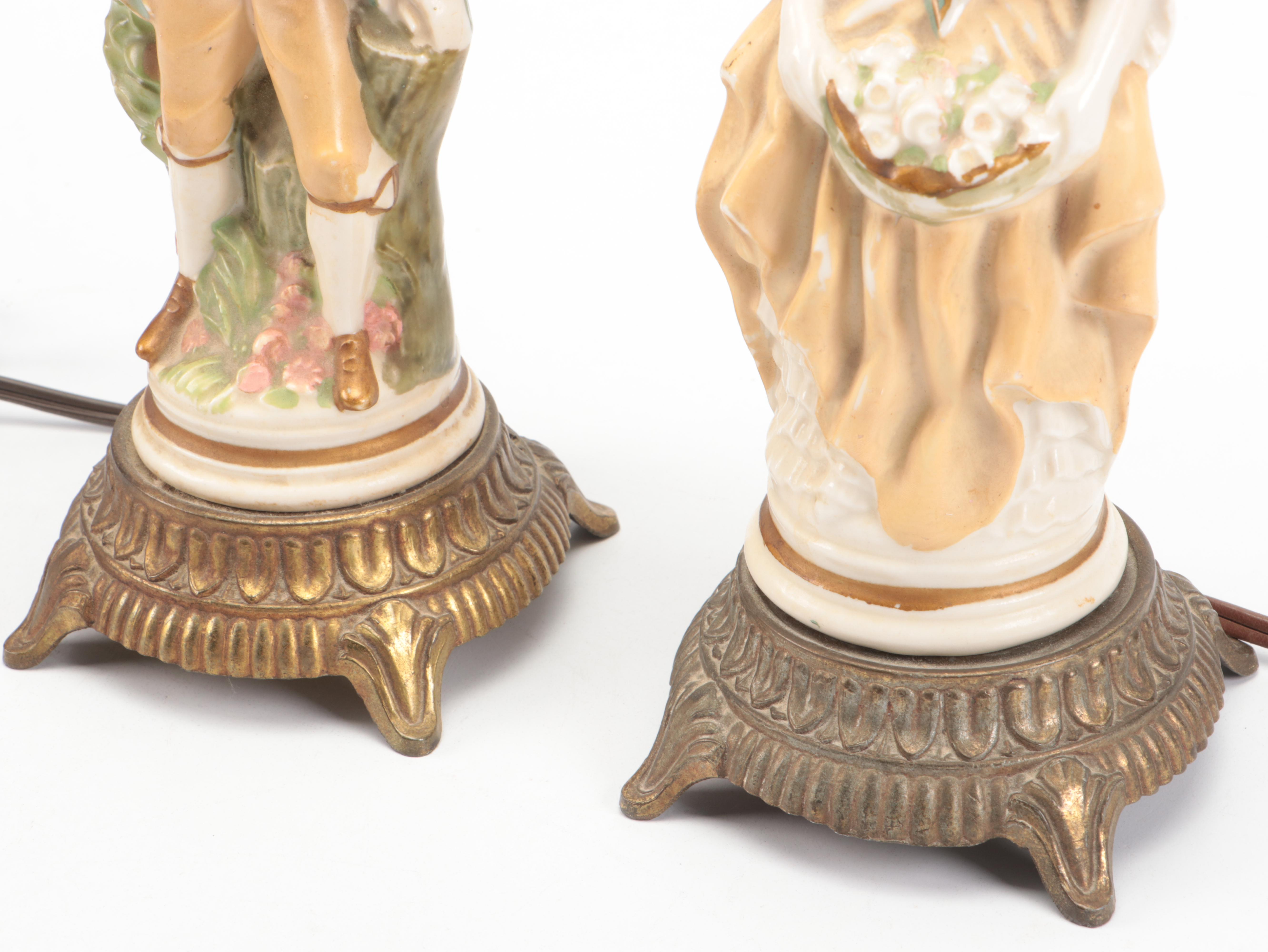 Early American Dress Lad & Lass Figurine Table Lamps with Box Pleated Shades