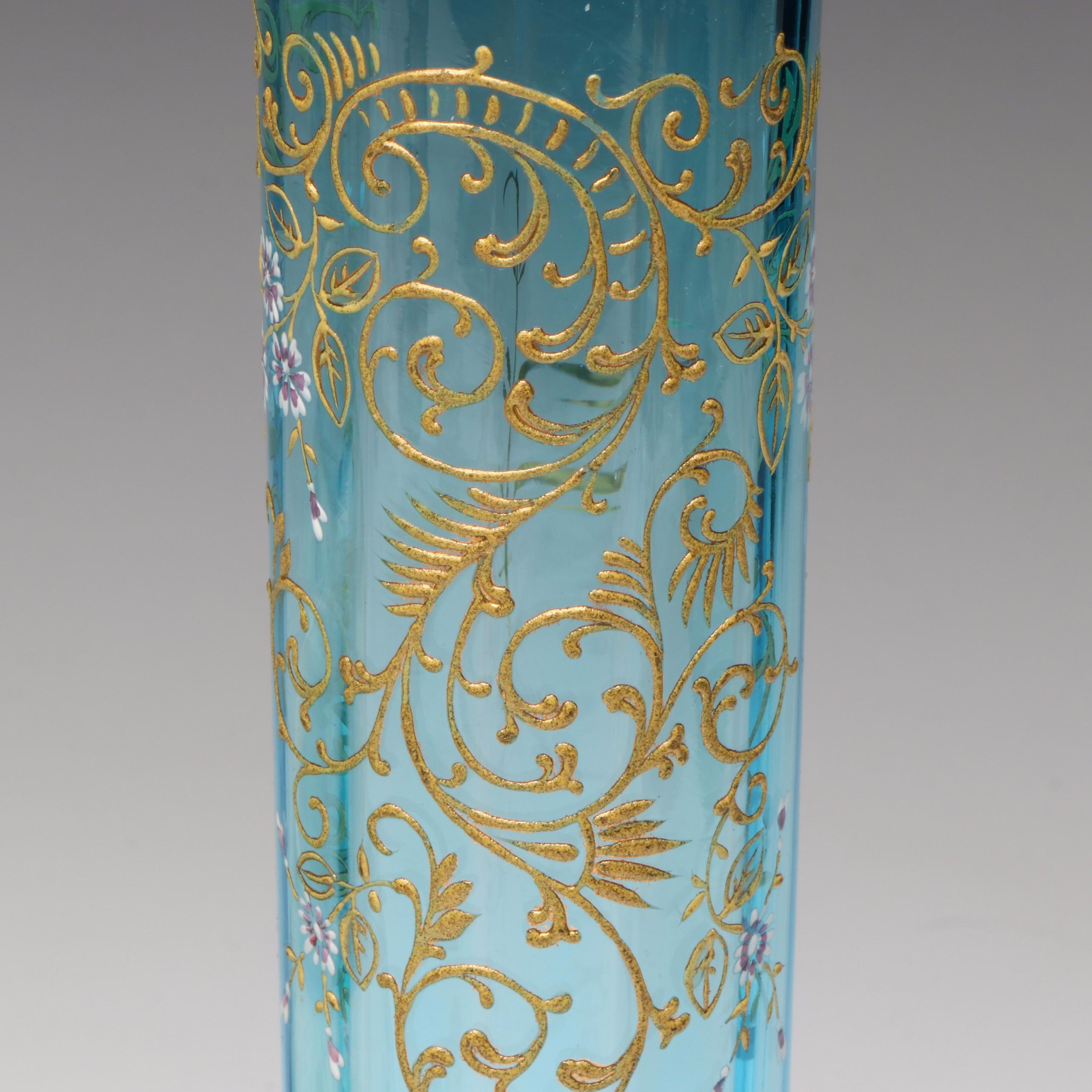 French Porcelain Style Portrait Bowls and Plaques with Victorian Blue Glass Vase