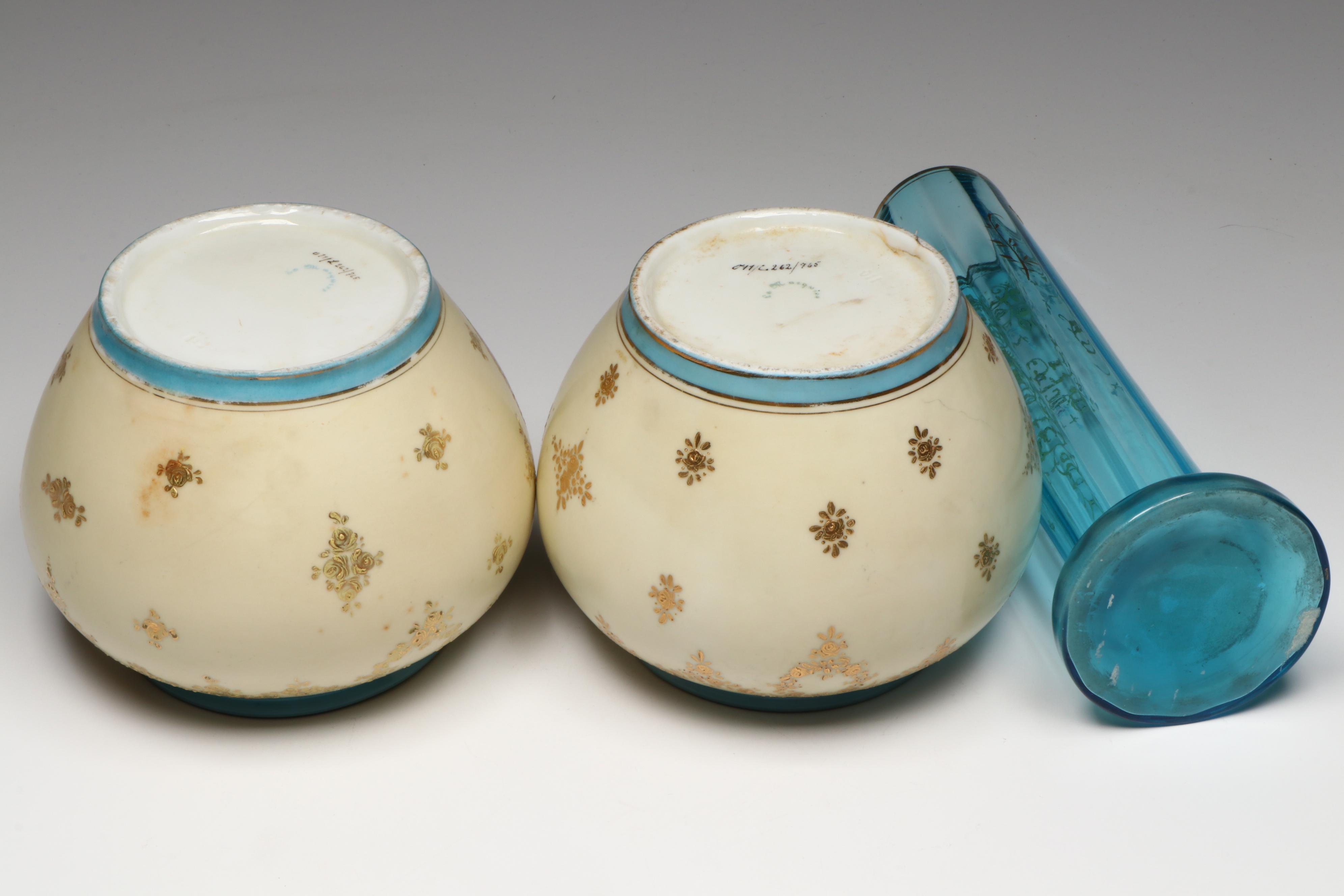 French Porcelain Style Portrait Bowls and Plaques with Victorian Blue Glass Vase