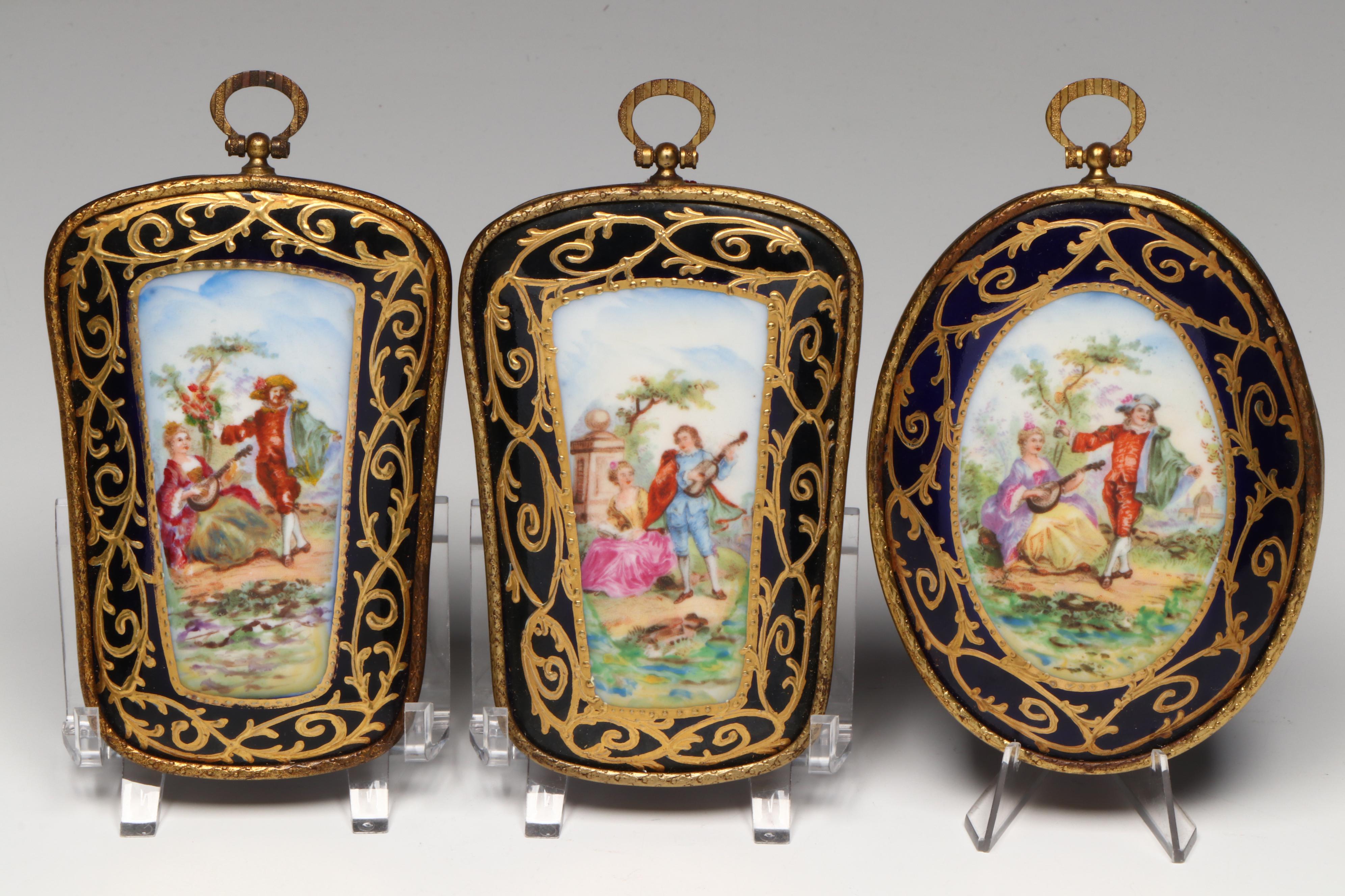 French Porcelain Style Portrait Bowls and Plaques with Victorian Blue Glass Vase