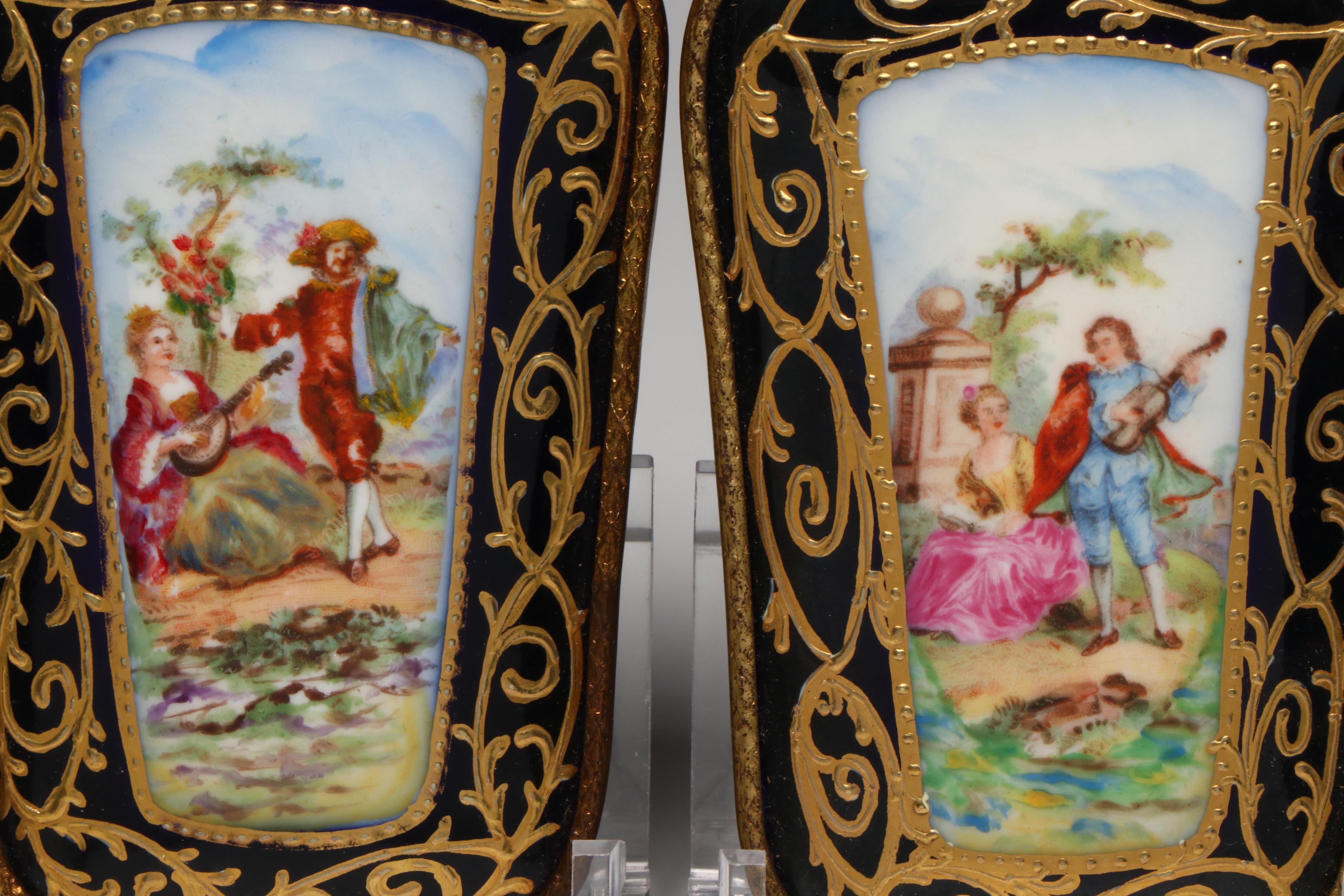 French Porcelain Style Portrait Bowls and Plaques with Victorian Blue Glass Vase