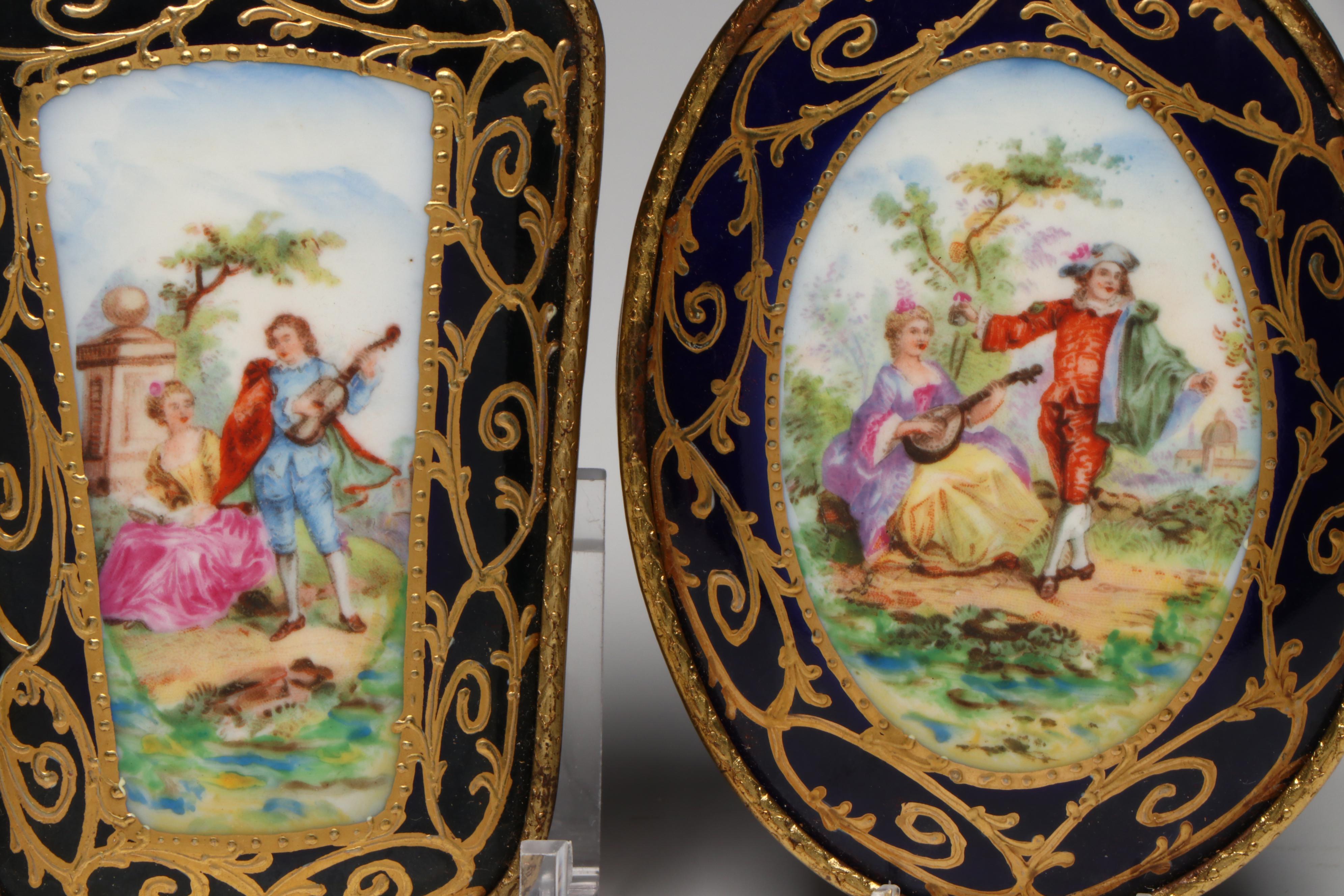 French Porcelain Style Portrait Bowls and Plaques with Victorian Blue Glass Vase