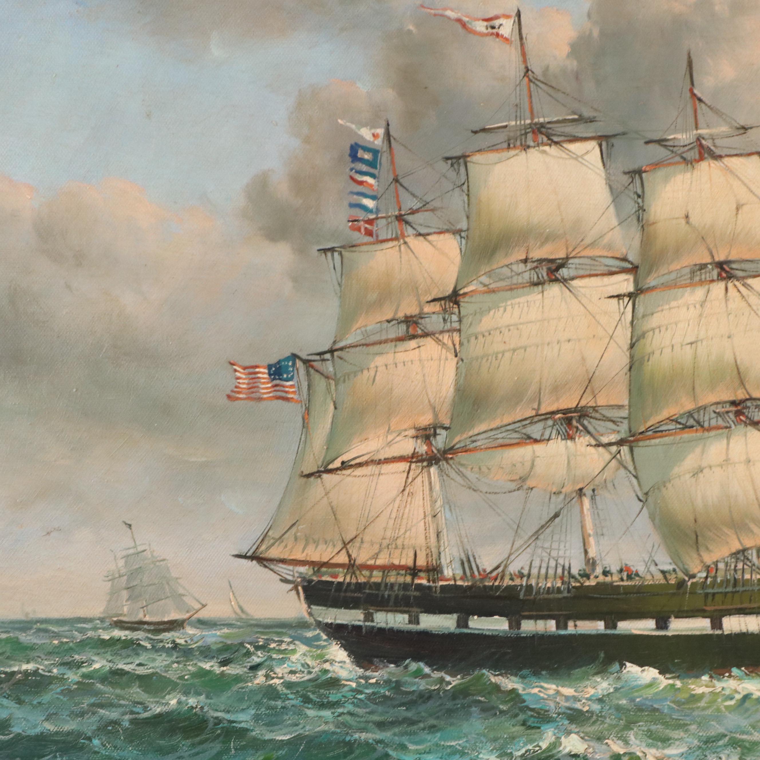 Robert Sanders Maritime Oil Painting of Clipper Ship, Late 20th Century