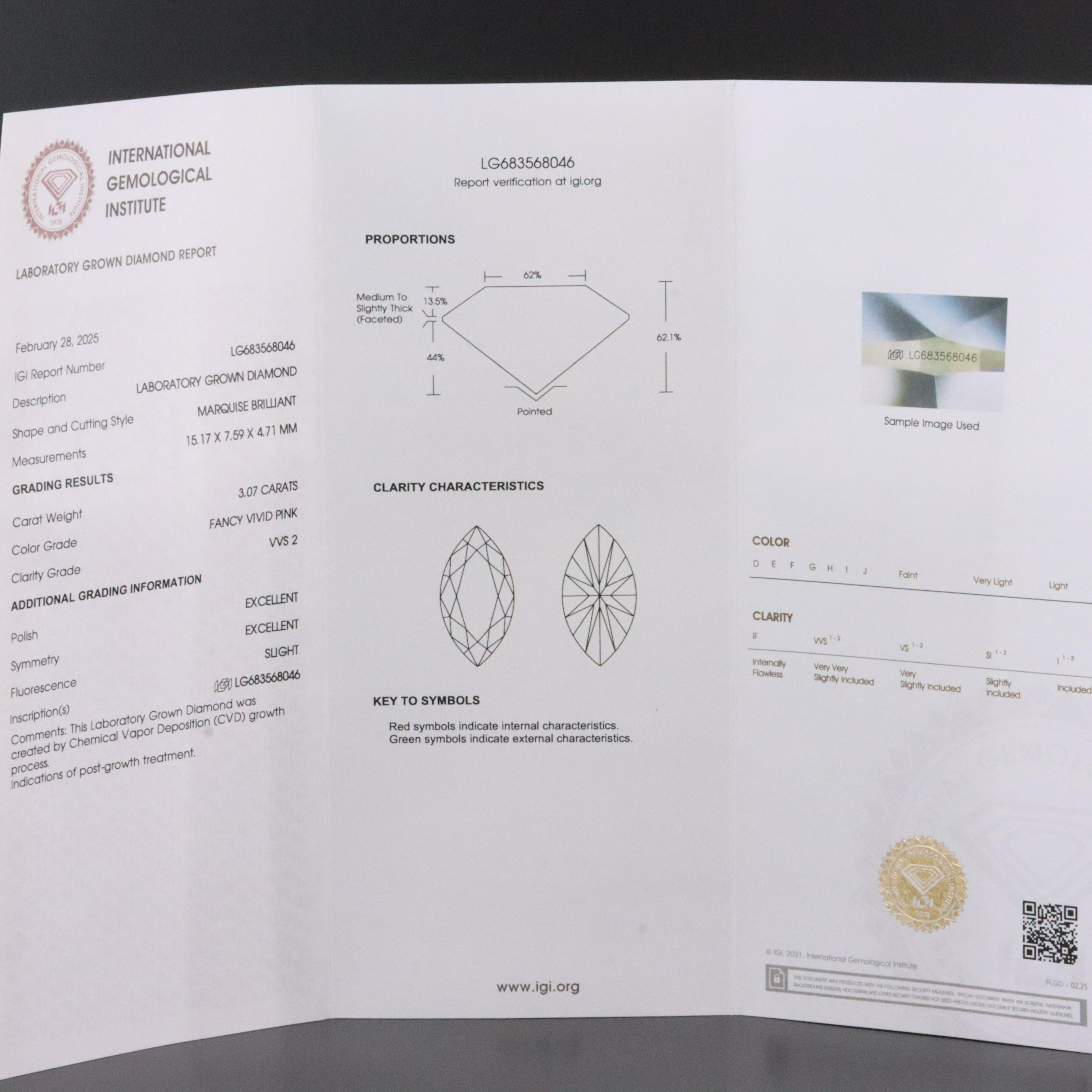 14K 3.45 CTW Lab Grown Diamond Ring with Fancy Pink Center and IGI Report