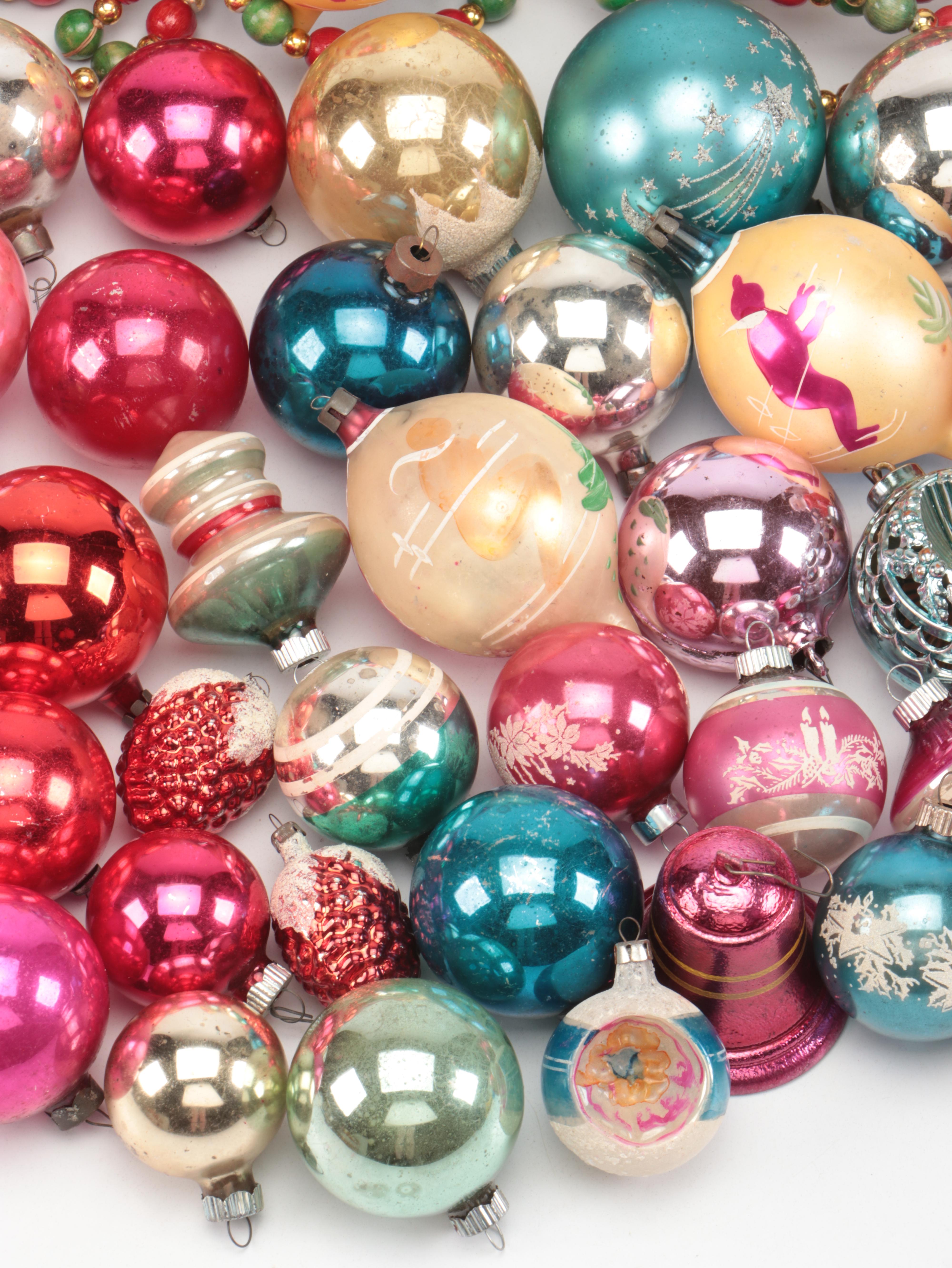 Mercury Glass Ornaments with Beaded Garlands and Other Decor