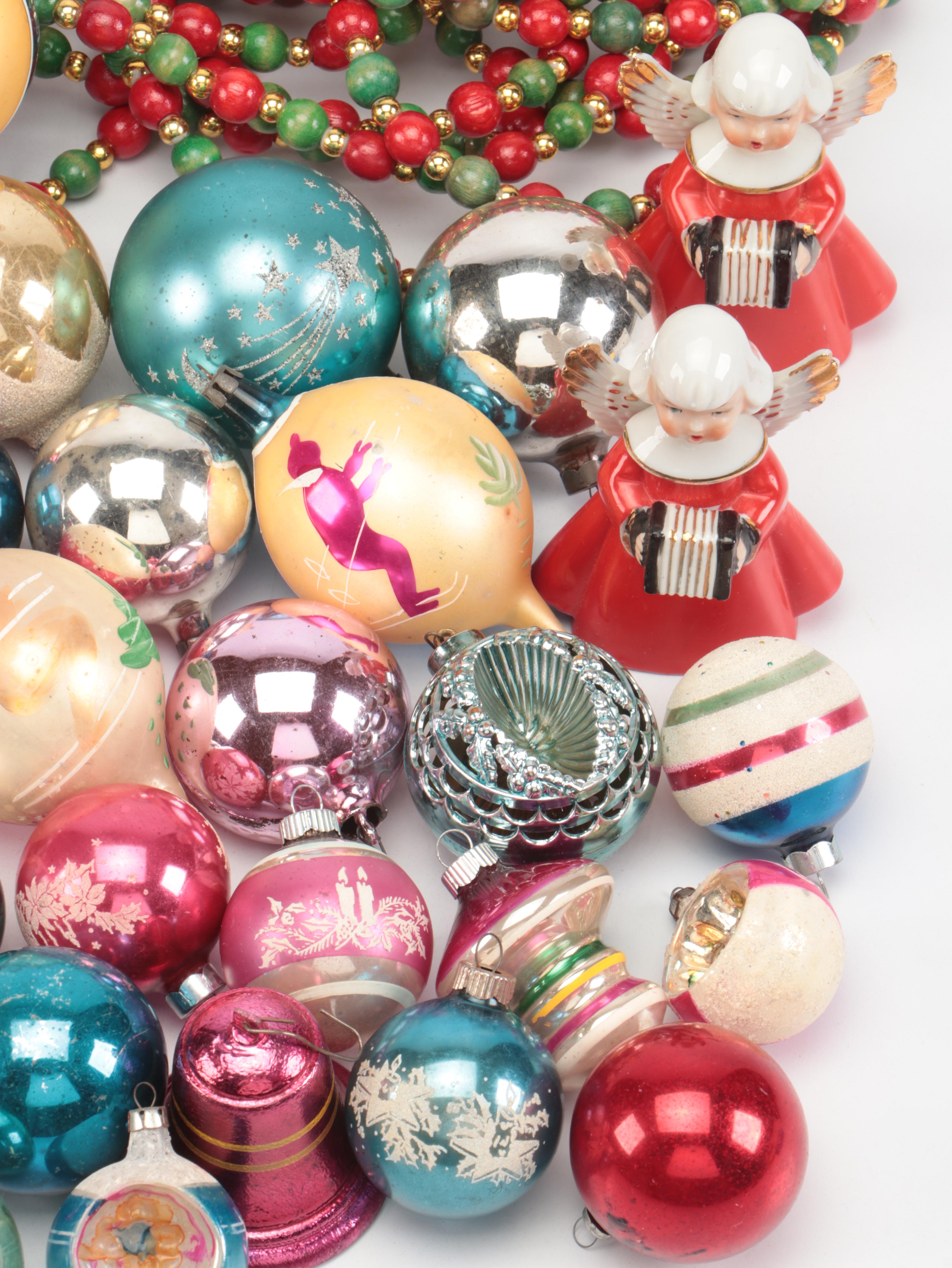 Mercury Glass Ornaments with Beaded Garlands and Other Decor