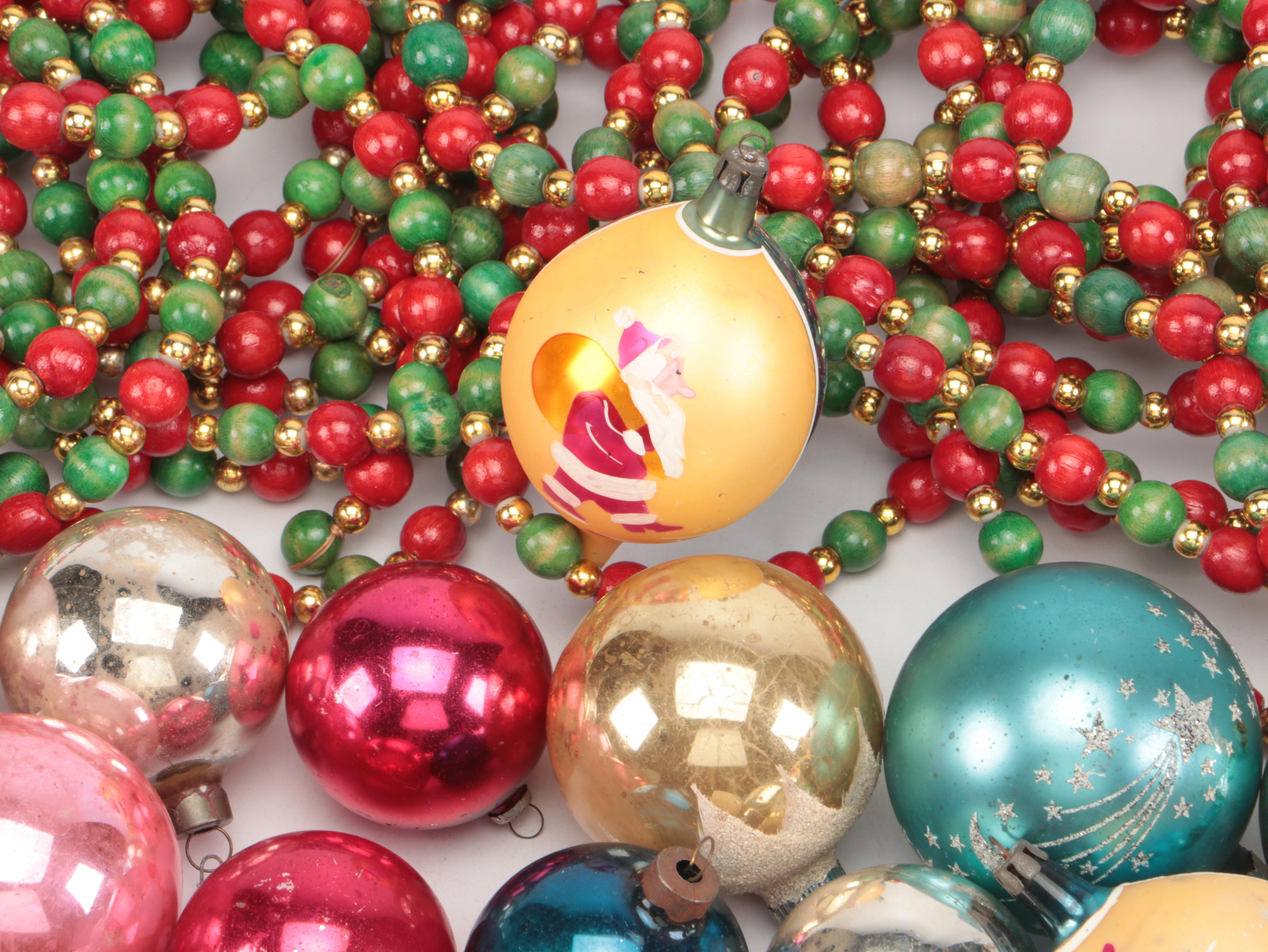 Mercury Glass Ornaments with Beaded Garlands and Other Decor