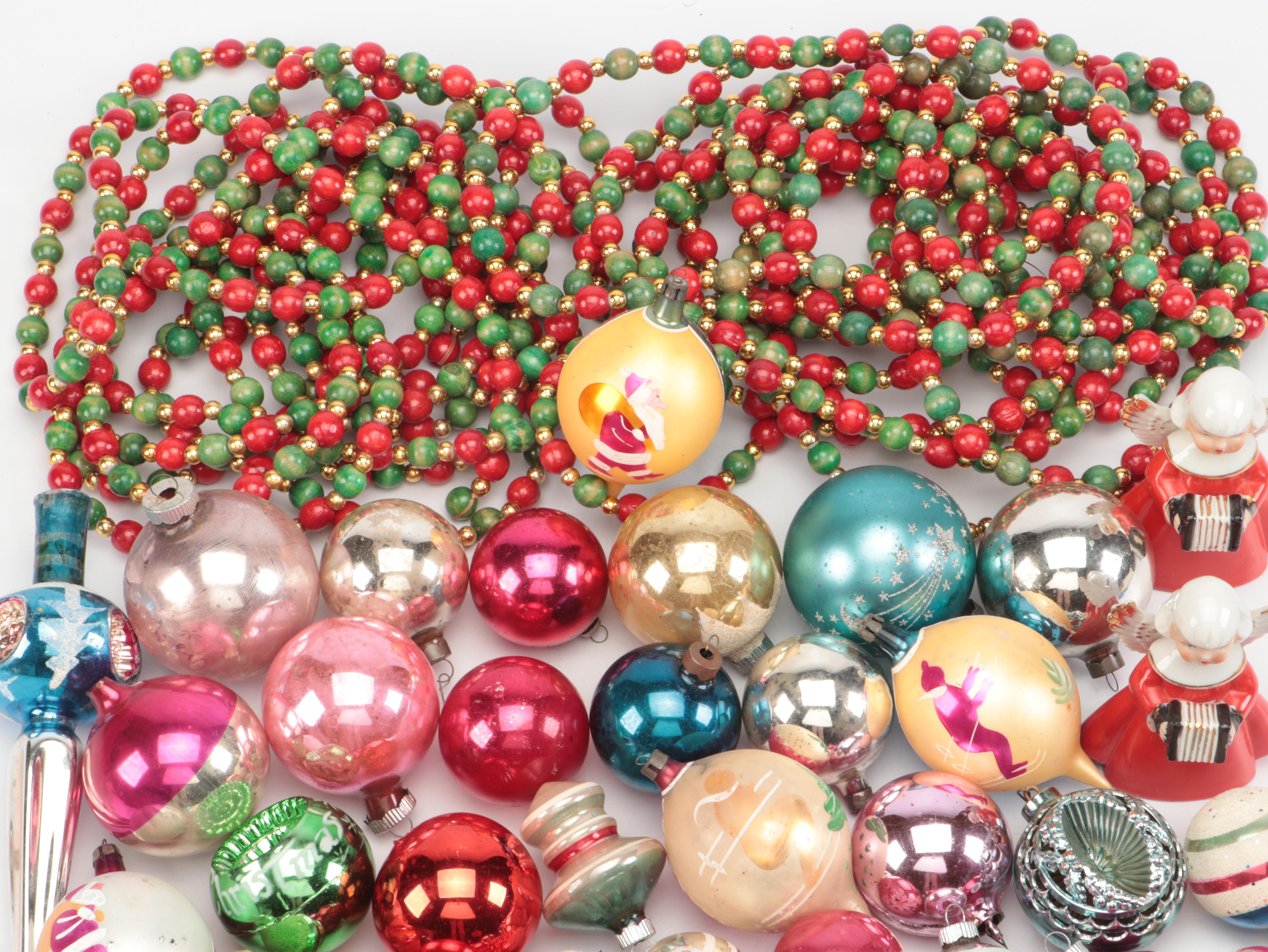Mercury Glass Ornaments with Beaded Garlands and Other Decor