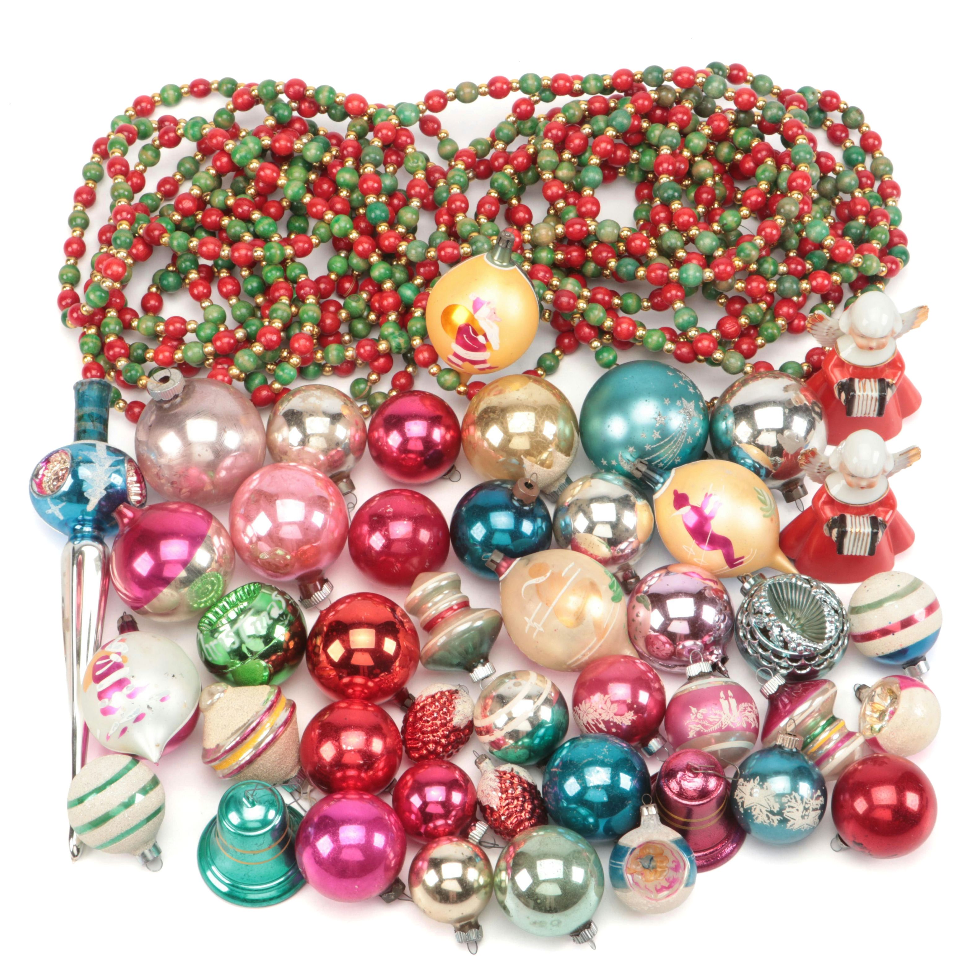 Mercury Glass Ornaments with Beaded Garlands and Other Decor