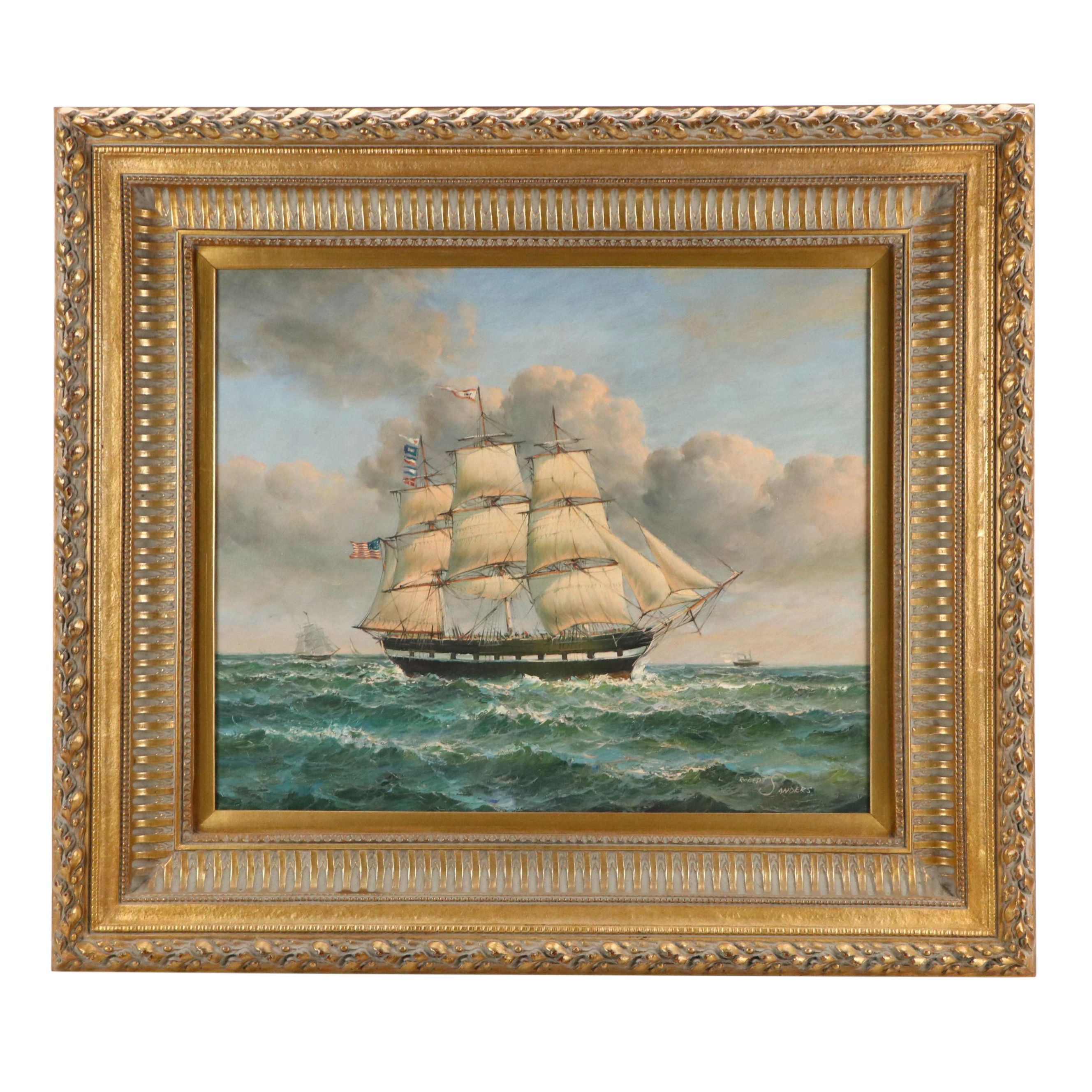 Robert Sanders Maritime Oil Painting of Clipper Ship, Late 20th Century