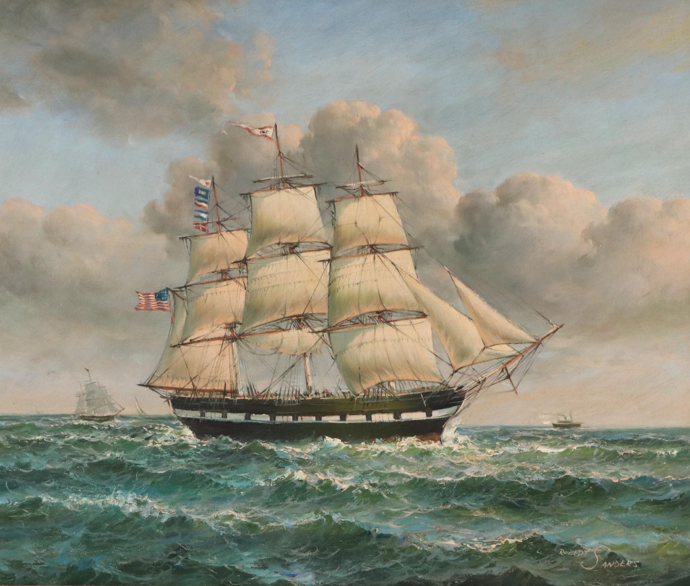 Robert Sanders Maritime Oil Painting of Clipper Ship, Late 20th Century